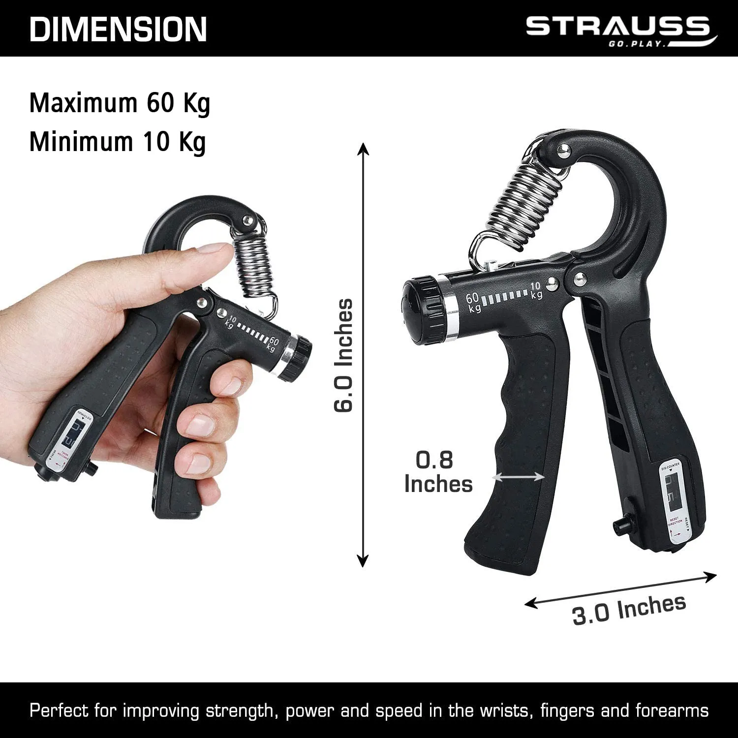 Strauss Adjustable Hand Grip with Counter | Adjustable Resistance (5KG - 60KG) | Hand Gripper for Home & Gym Workouts | Ideal for Forearm Hand Exercises & Strength Building for Men & Women,(Black)