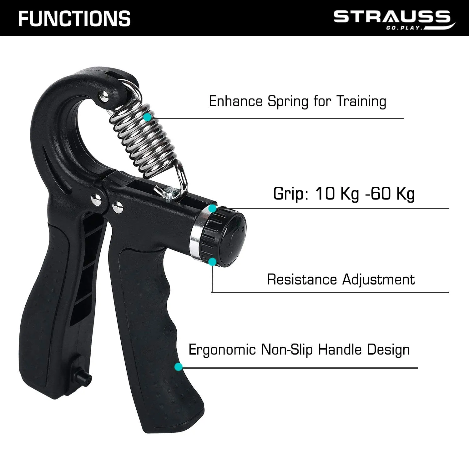 Strauss Adjustable Hand Grip with Counter | Adjustable Resistance (5KG - 60KG) | Hand Gripper for Home & Gym Workouts | Ideal for Forearm Hand Exercises & Strength Building for Men & Women,(Black)