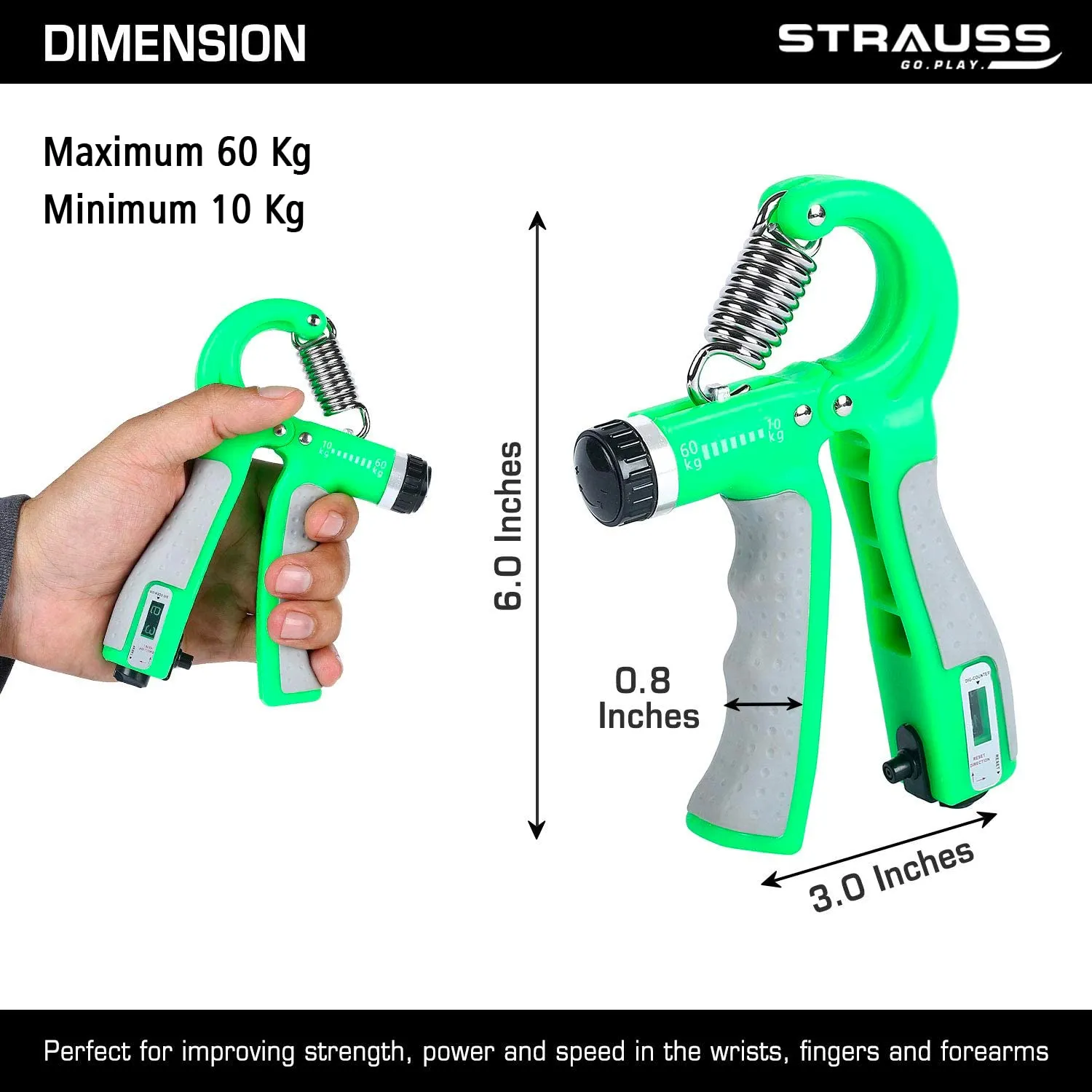 Strauss Adjustable Hand Grip with Smart Counter | Adjustable Resistance (10KG - 60KG) | Hand Gripper for Home & Gym Workouts | Perfect for Finger & Forearm Hand Exercises for Men & Women (Green)