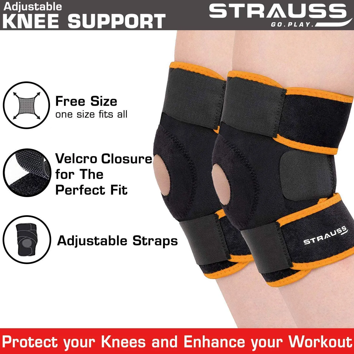 Strauss Adjustable Knee Support Patella, Free Size (Black/Orange), (Pair) With Face Protection Mask, Non Vent, Medium , (Red)