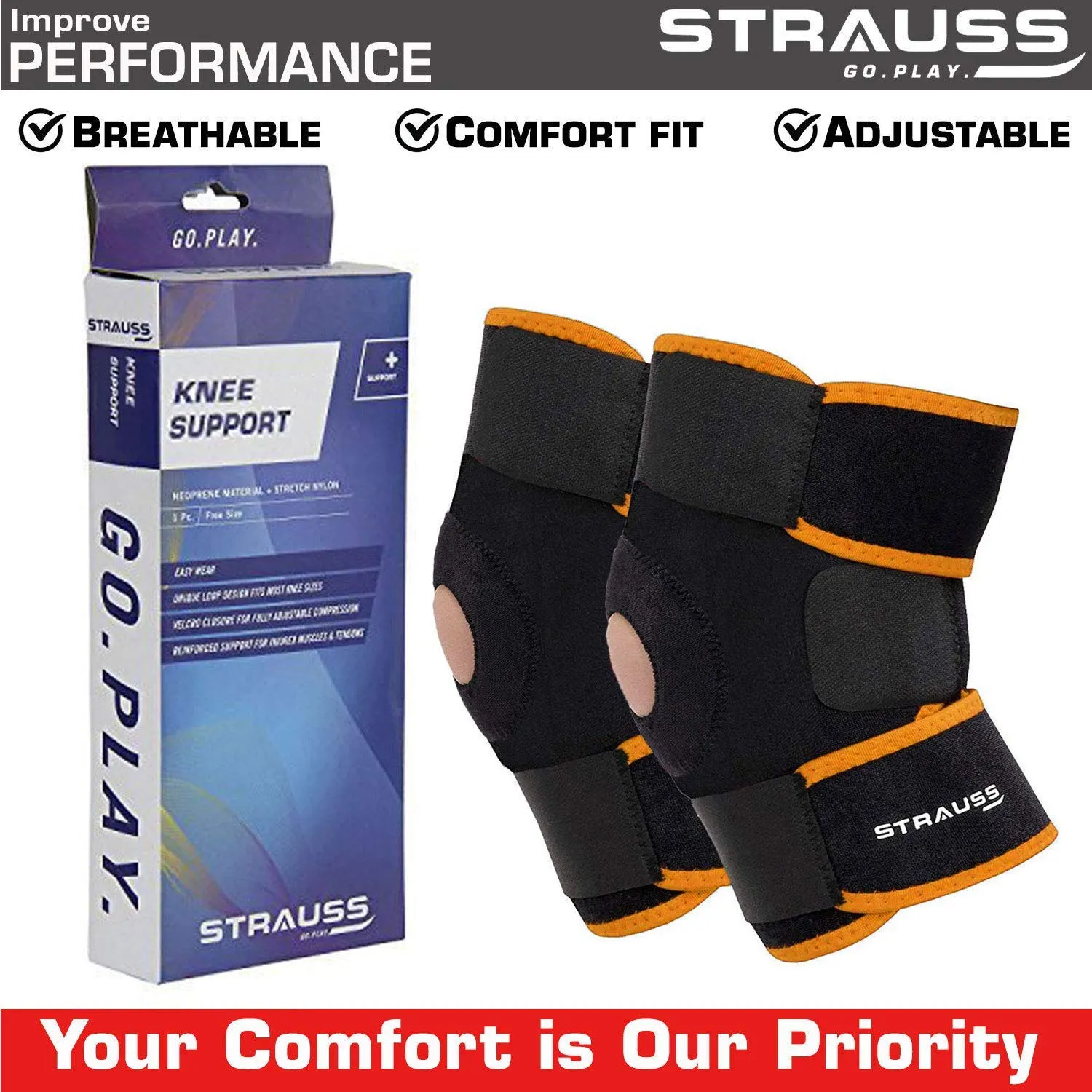 Strauss Adjustable Knee Support Patella, Free Size (Black/Orange), (Pair) With Face Protection Mask, Non Vent, Medium , (Red)