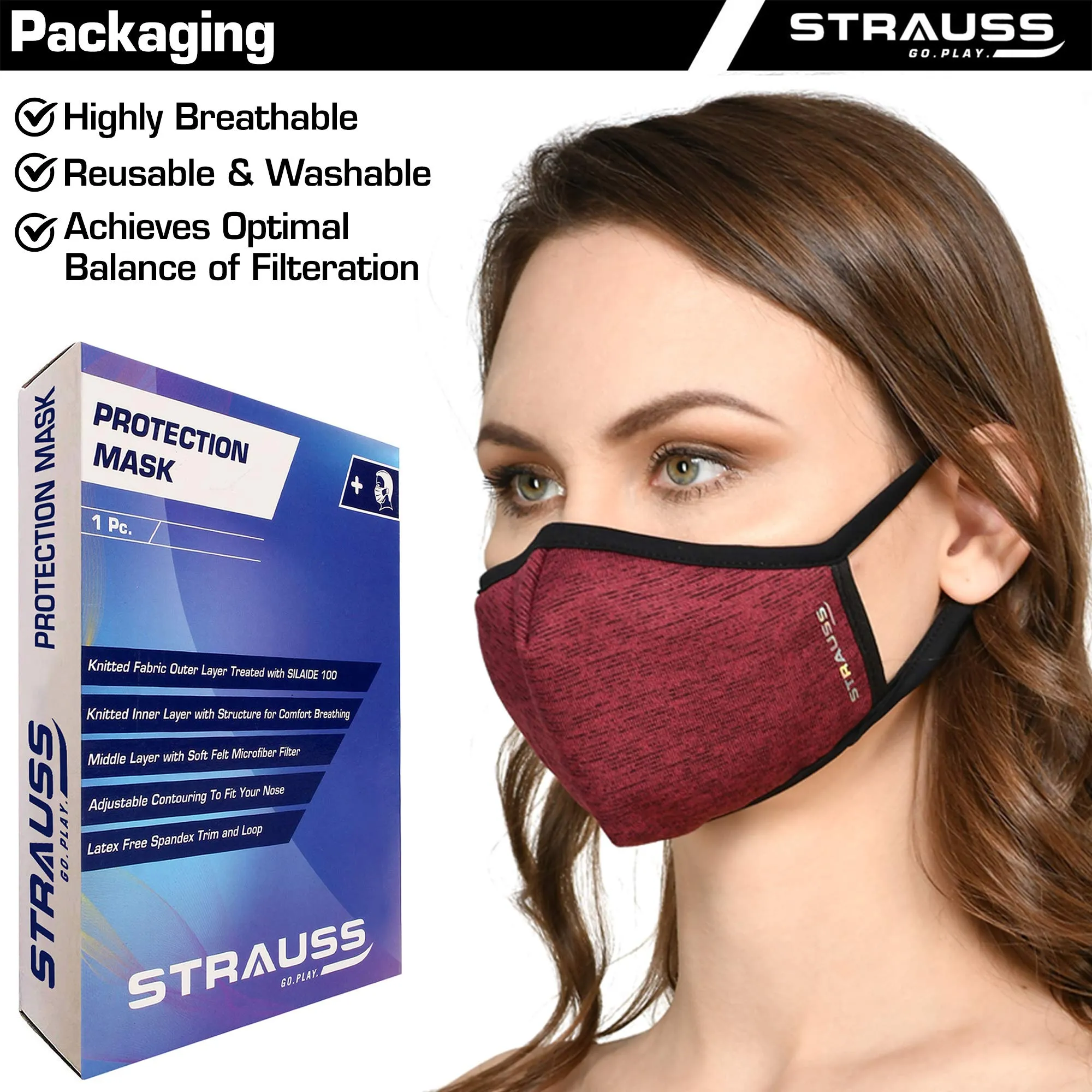 Strauss Adjustable Knee Support Patella, Free Size (Black/Orange), (Pair) With Face Protection Mask, Non Vent, Medium , (Red)