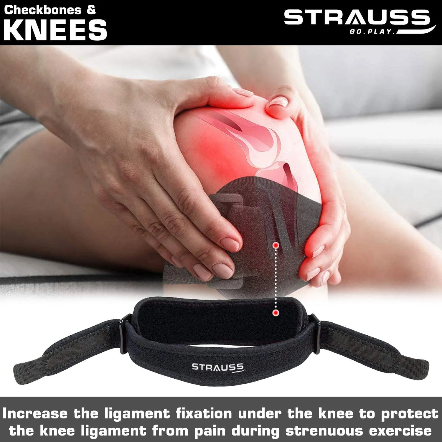 STRAUSS Adjustable Knee Support Patellar |knee support for men and women|knee cap|Knee brace|Knee Guard |Knee Cap|Knee pain relief |Knee belt|Joint pain relief |Single Strap (Free Size, Black)