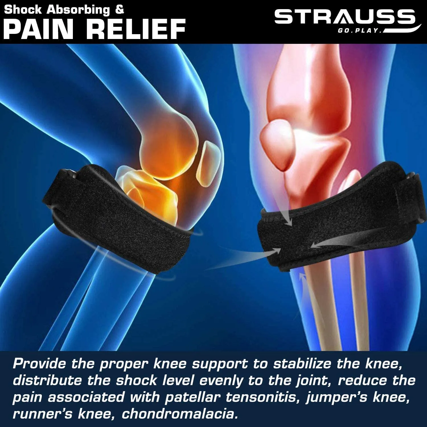 STRAUSS Adjustable Knee Support Patellar |knee support for men and women|knee cap|Knee brace|Knee Guard |Knee Cap|Knee pain relief |Knee belt|Joint pain relief |Single Strap (Free Size, Black)