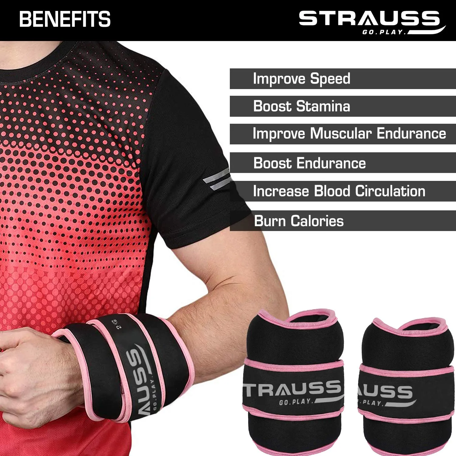 Strauss Ankle Weight- 2 Kg- Pink Pair (Round Belt)