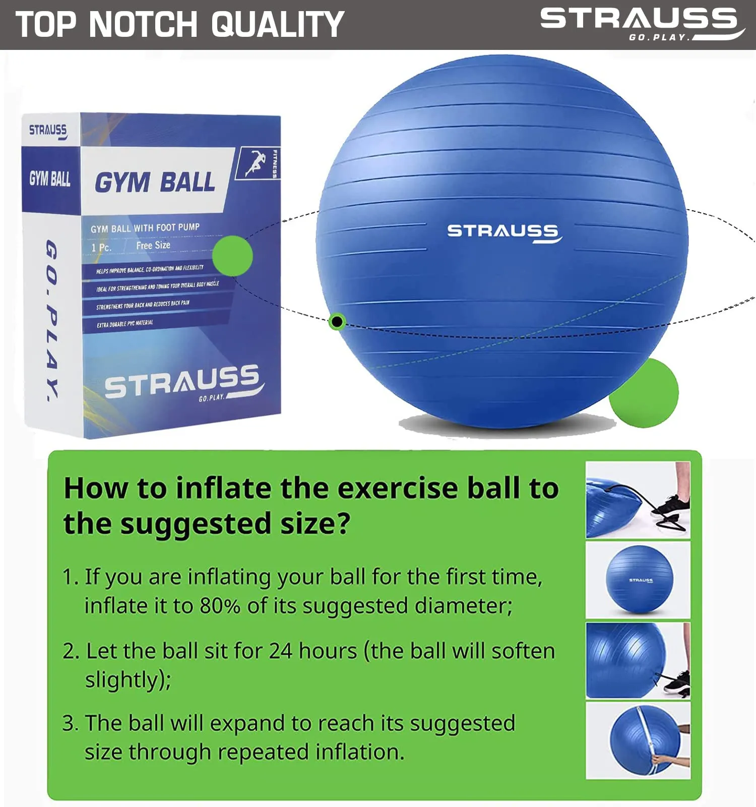 STRAUSS Anti-Burst Rubber Gym Ball with Free Foot Pump | Round Shape Swiss Ball for Exercise, Workout, Yoga, Pregnancy, Birthing, Balance & Stability, 55 cm, (Blue)