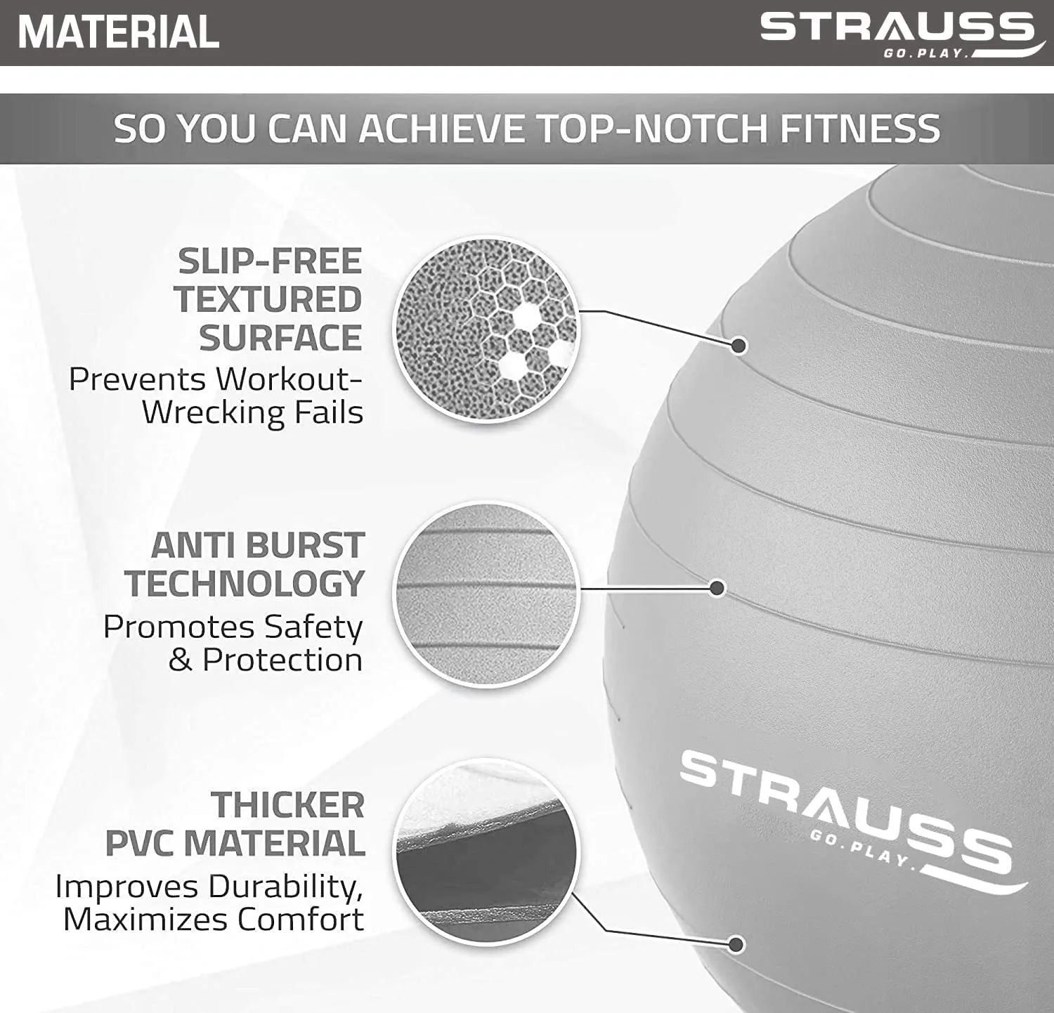 STRAUSS Anti-Burst Rubber Gym Ball with Free Foot Pump | Round Shape Swiss Ball for Exercise, Workout, Yoga, Pregnancy, Birthing, Balance & Stability, 55 cm, (Grey)