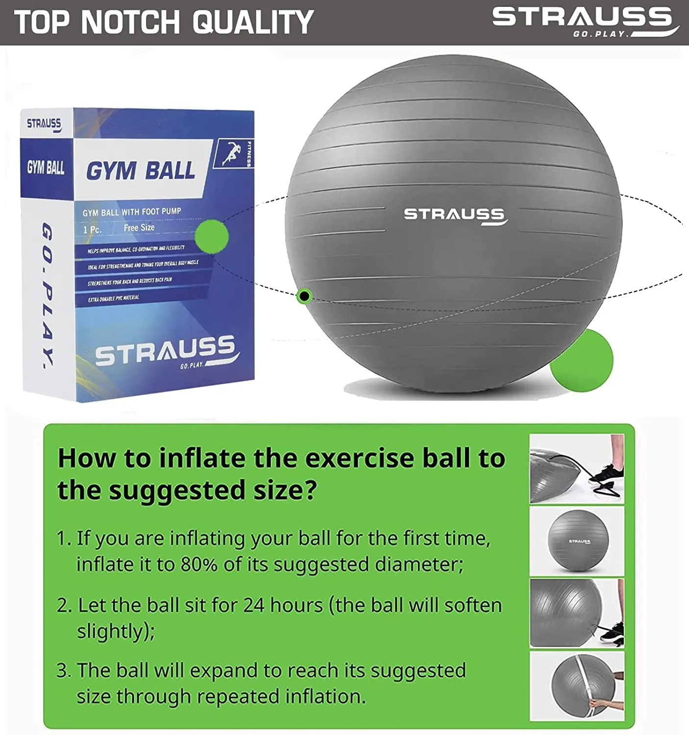 STRAUSS Anti-Burst Rubber Gym Ball with Free Foot Pump | Round Shape Swiss Ball for Exercise, Workout, Yoga, Pregnancy, Birthing, Balance & Stability, 55 cm, (Grey)