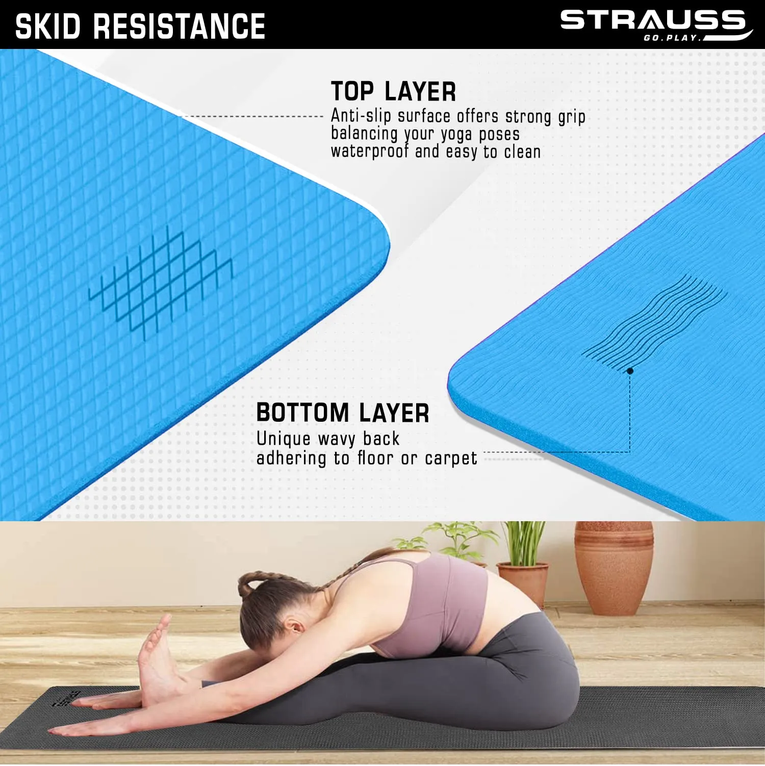 Strauss Anti Skid EVA Yoga Mat with Carry Strap, 4mm, (Sky Blue)