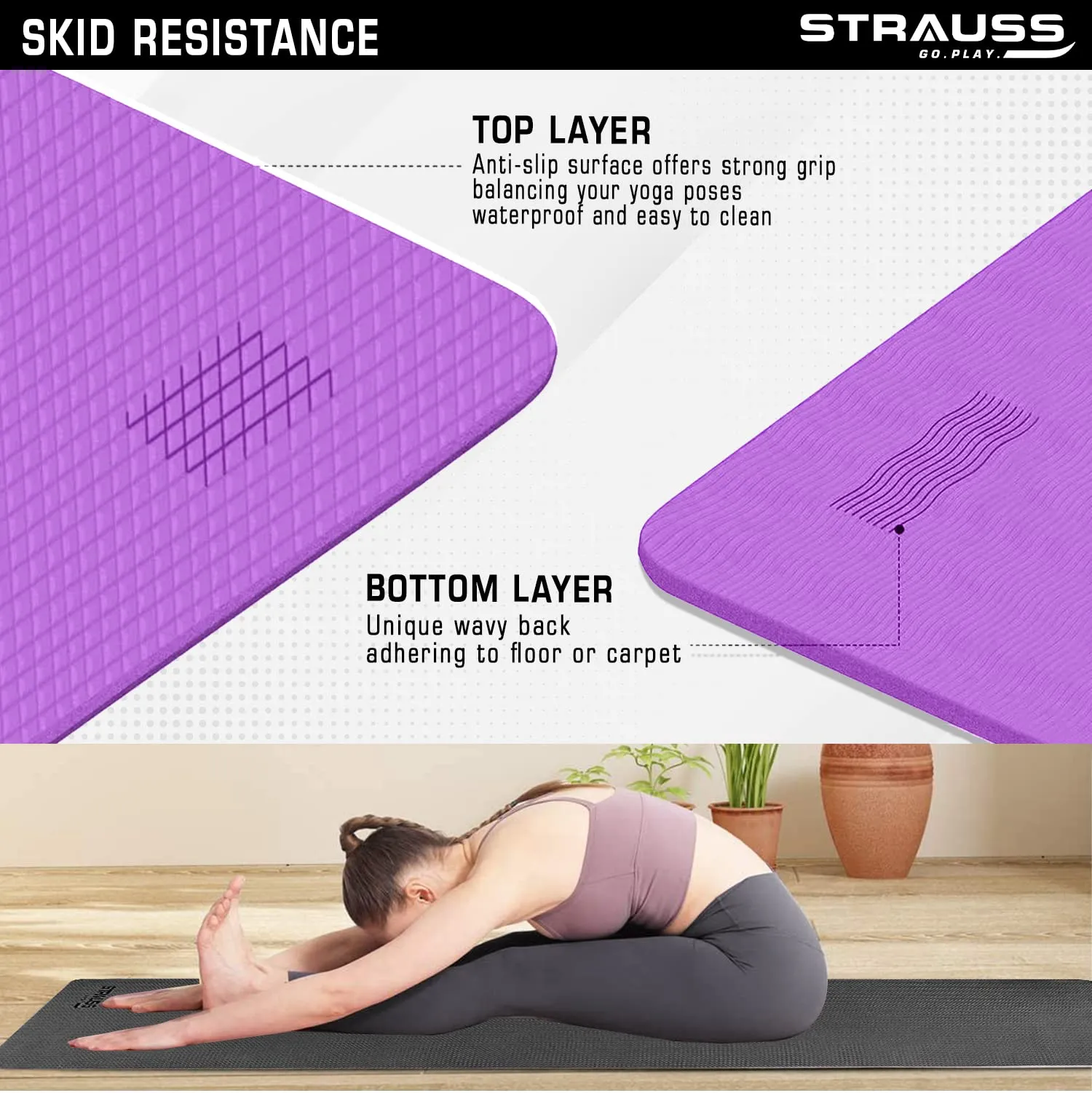 Strauss Anti Skid EVA Yoga Mat with Carry Strap, 6mm, (Purple)