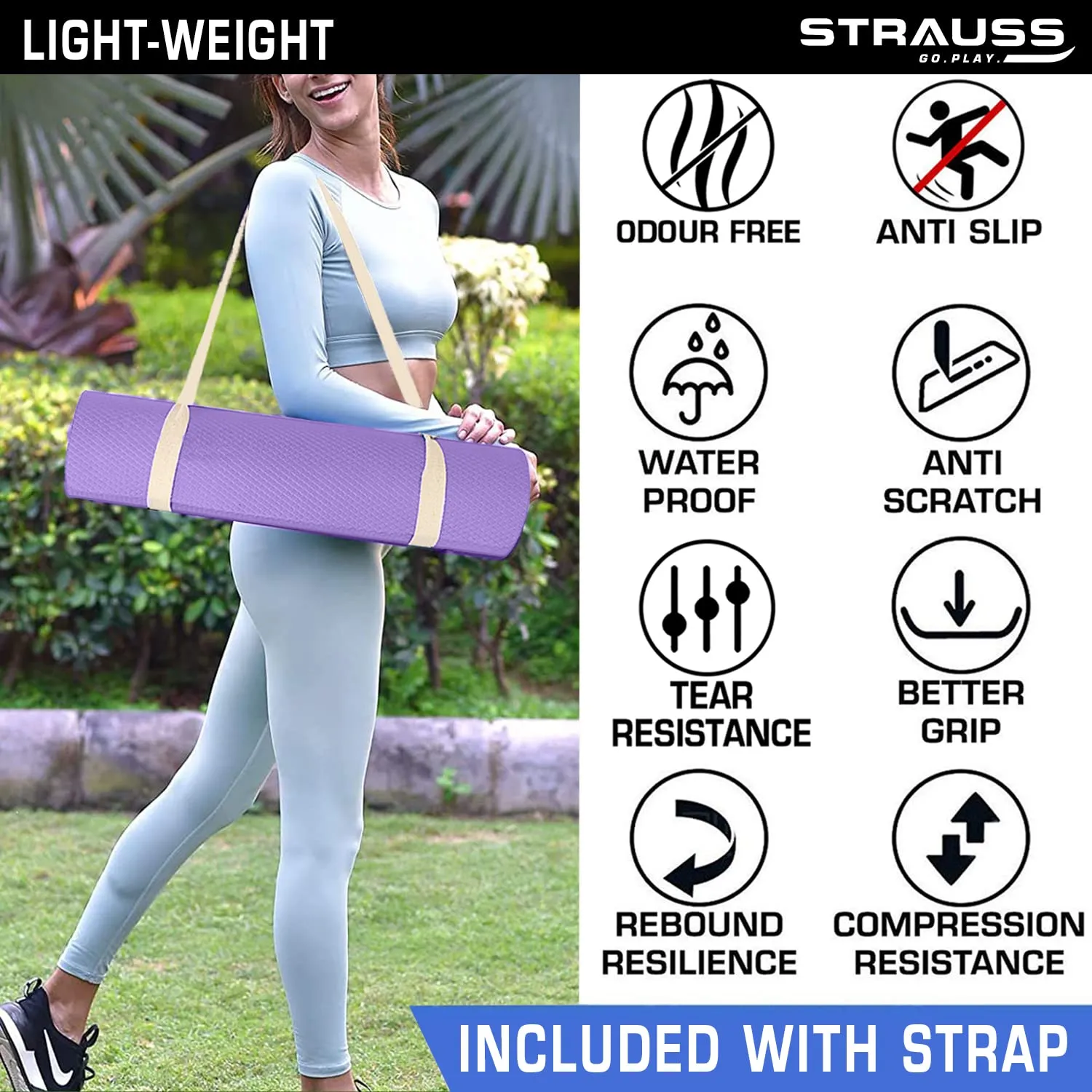 Strauss Anti Skid EVA Yoga Mat with Carry Strap, 6mm, (Purple)