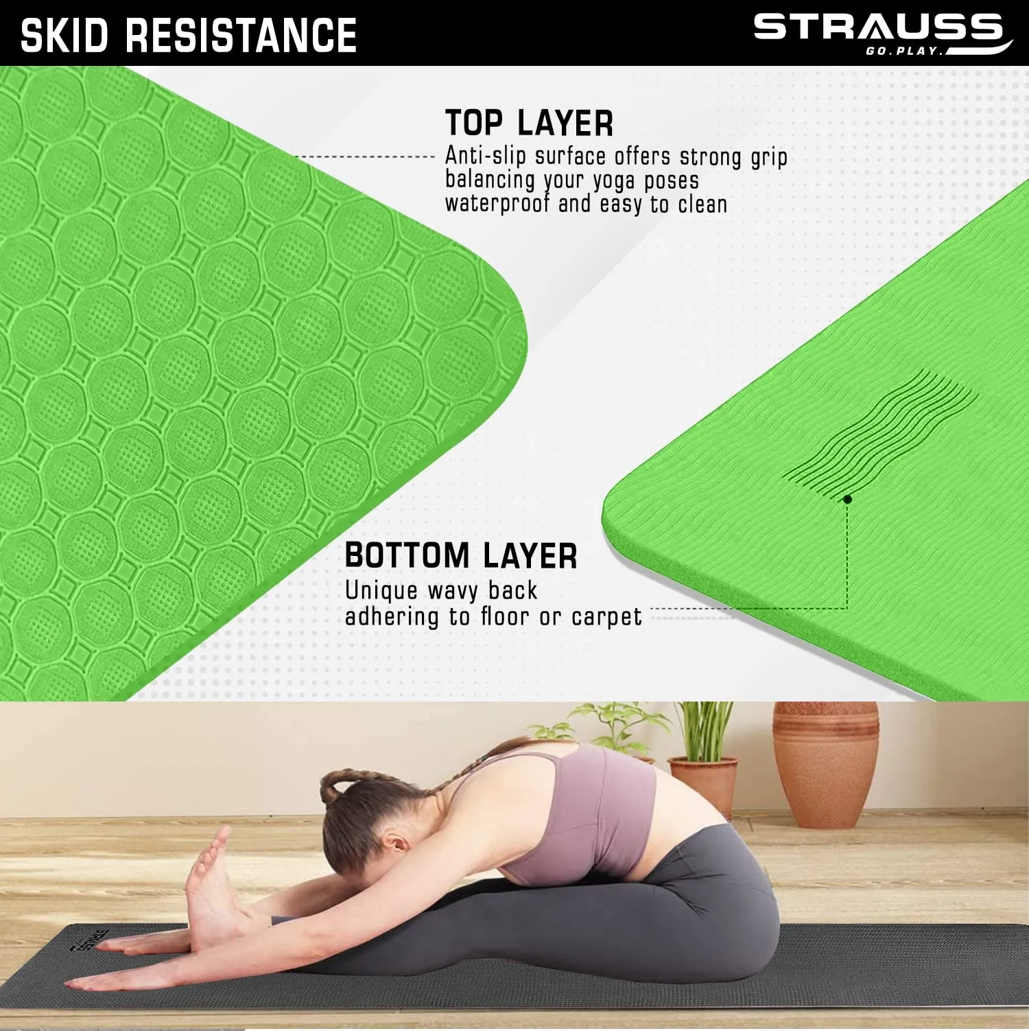 Strauss Anti Skid TPE Yoga Mat with Carry Strap, 4mm, (Green)