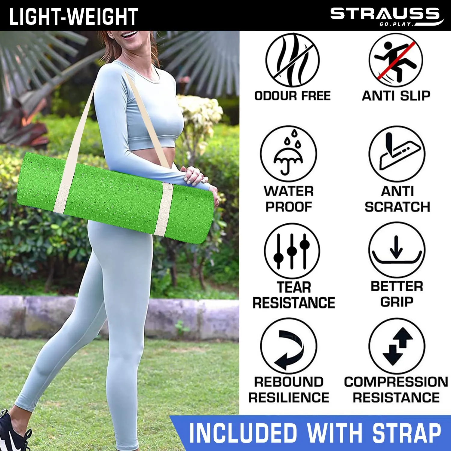 Strauss Anti Skid TPE Yoga Mat with Carry Strap, 8mm, (Green)