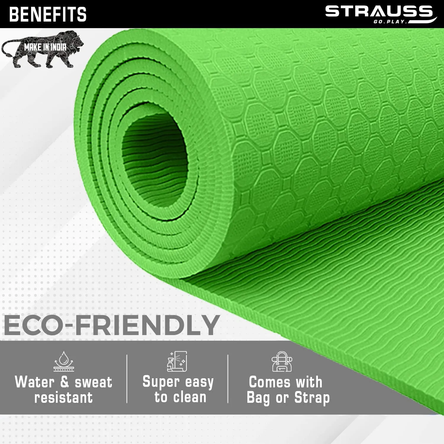 Strauss Anti Skid TPE Yoga Mat with Carry Strap, 8mm, (Green)