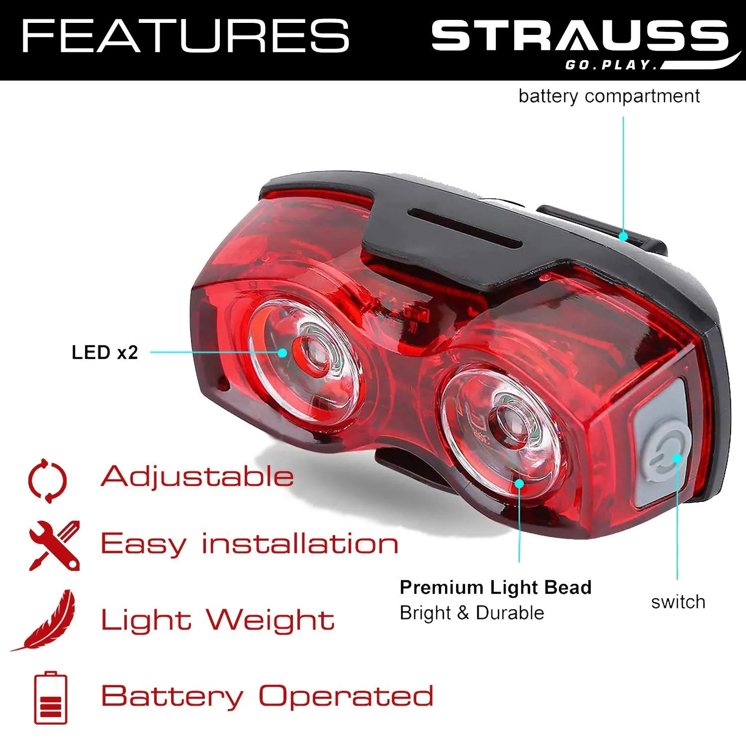 Strauss Bicycle Bottle Holder (Black) and LED Bicycle Rear Tail Light