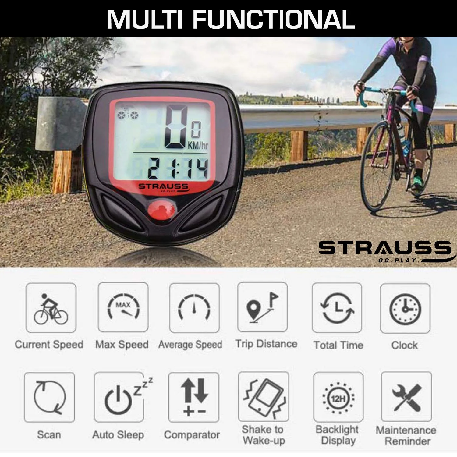 Strauss Bicycle Flash Tail Light with Laser, (Black) and Bicycle Speedometer, (Black/Red)