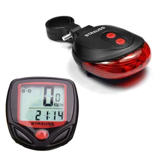 Strauss Bicycle Flash Tail Light with Laser, (Black) and Bicycle Speedometer, (Black/Red)