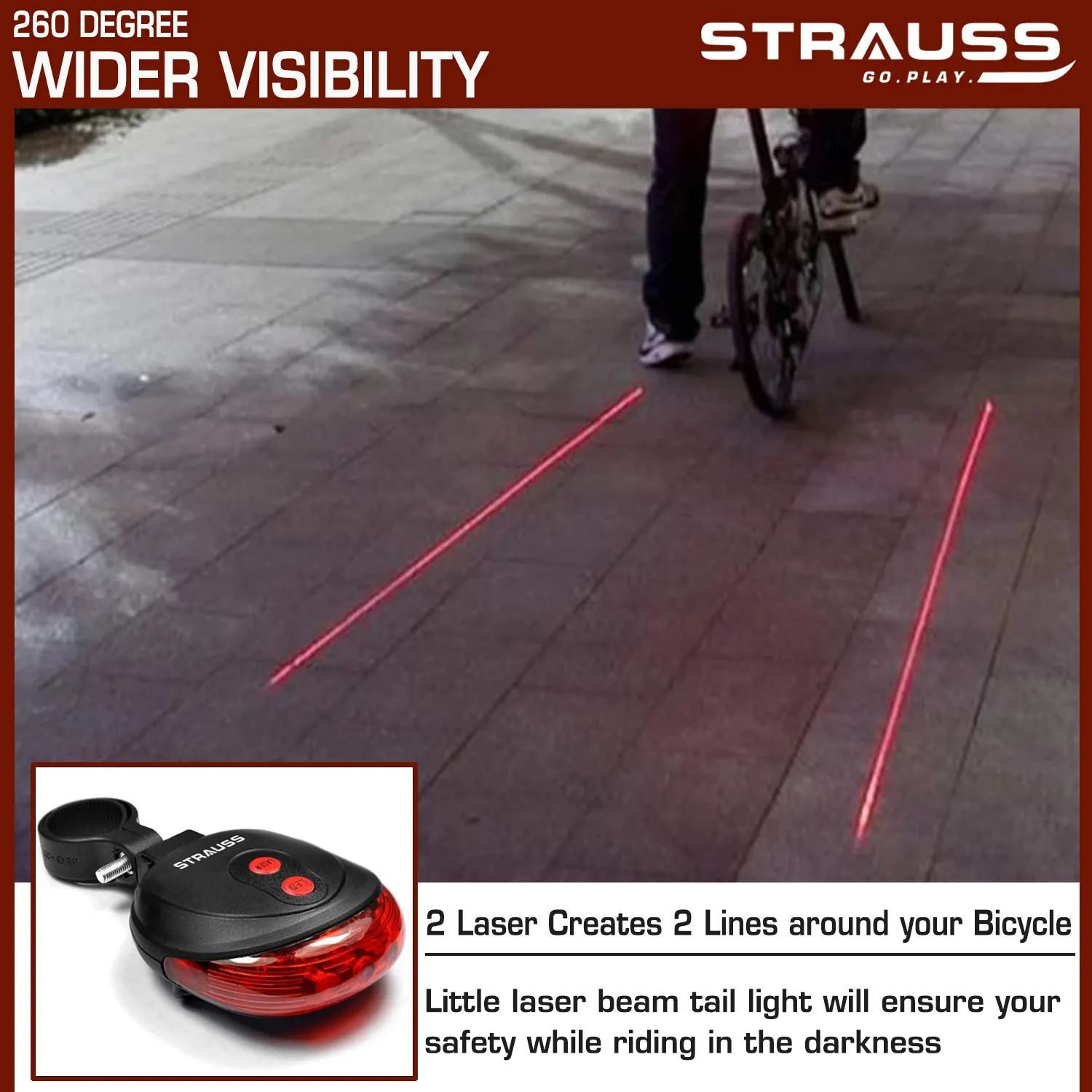 Strauss Bicycle Flash Tail Light with Laser| Waterproof | 7 Light Modes|High Visibility Bike Safety Light for Cyclists |Rear LED Tail Light with Laser for Night Riding,(Black)