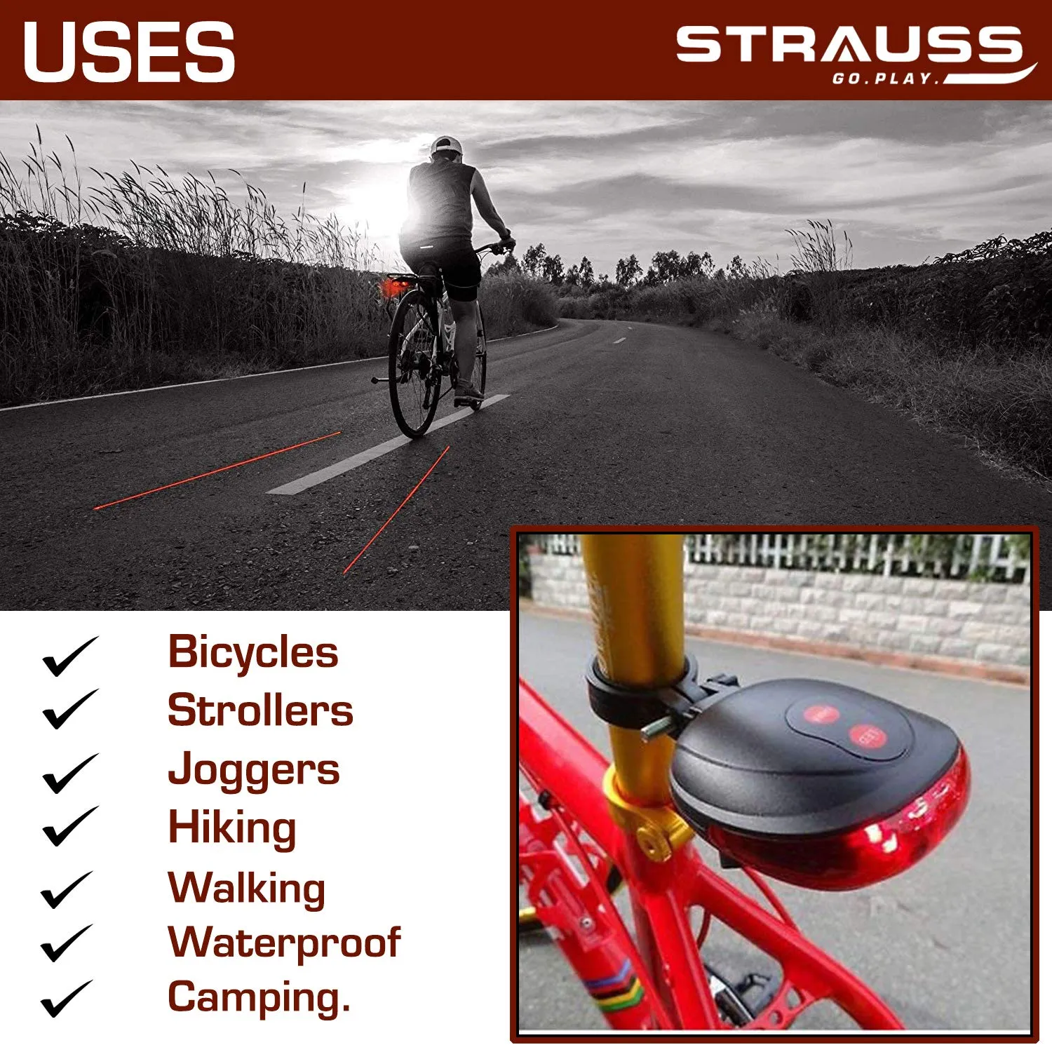 Strauss Bicycle Flash Tail Light with Laser| Waterproof | 7 Light Modes|High Visibility Bike Safety Light for Cyclists |Rear LED Tail Light with Laser for Night Riding,(Black)