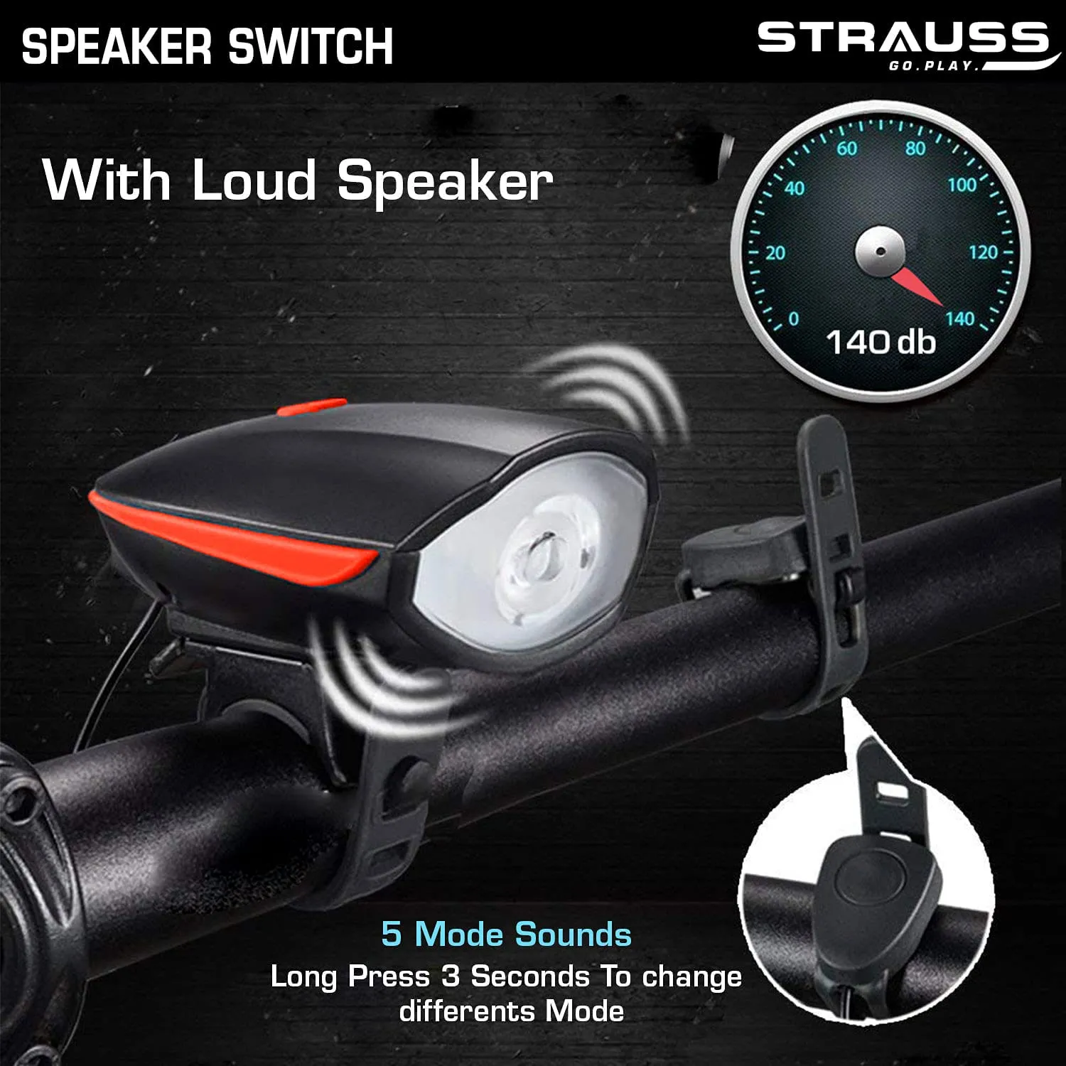 Strauss Bicycle LED Headlight with Horn | Rechargeable Front Bike Light & Horn Combo | Universal Adjustable Lamp for Cycling Safety | Horn & Headlight Functionality | 2-in-1 Device,(Red)