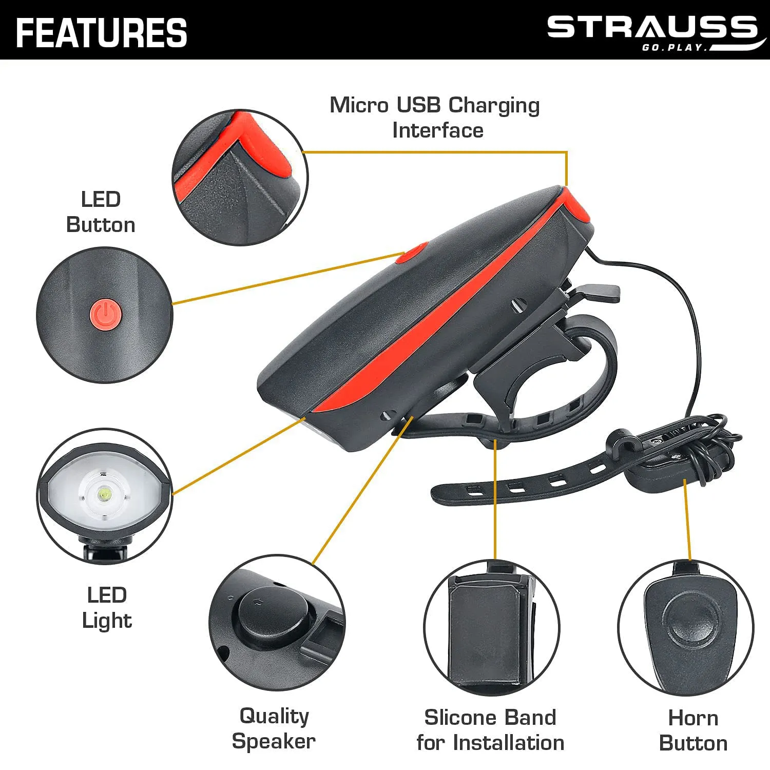 Strauss Bicycle LED Headlight with Horn | Rechargeable Front Bike Light & Horn Combo | Universal Adjustable Lamp for Cycling Safety | Horn & Headlight Functionality | 2-in-1 Device,(Red)