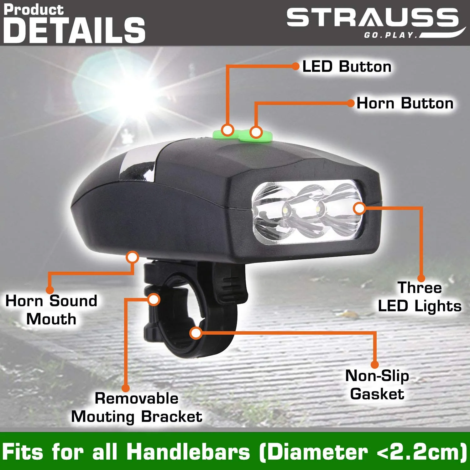 Strauss Bicycle LED Headlight with Horn, Sporty Cycling/Gym Gloves, Medium, (Black/Blue)