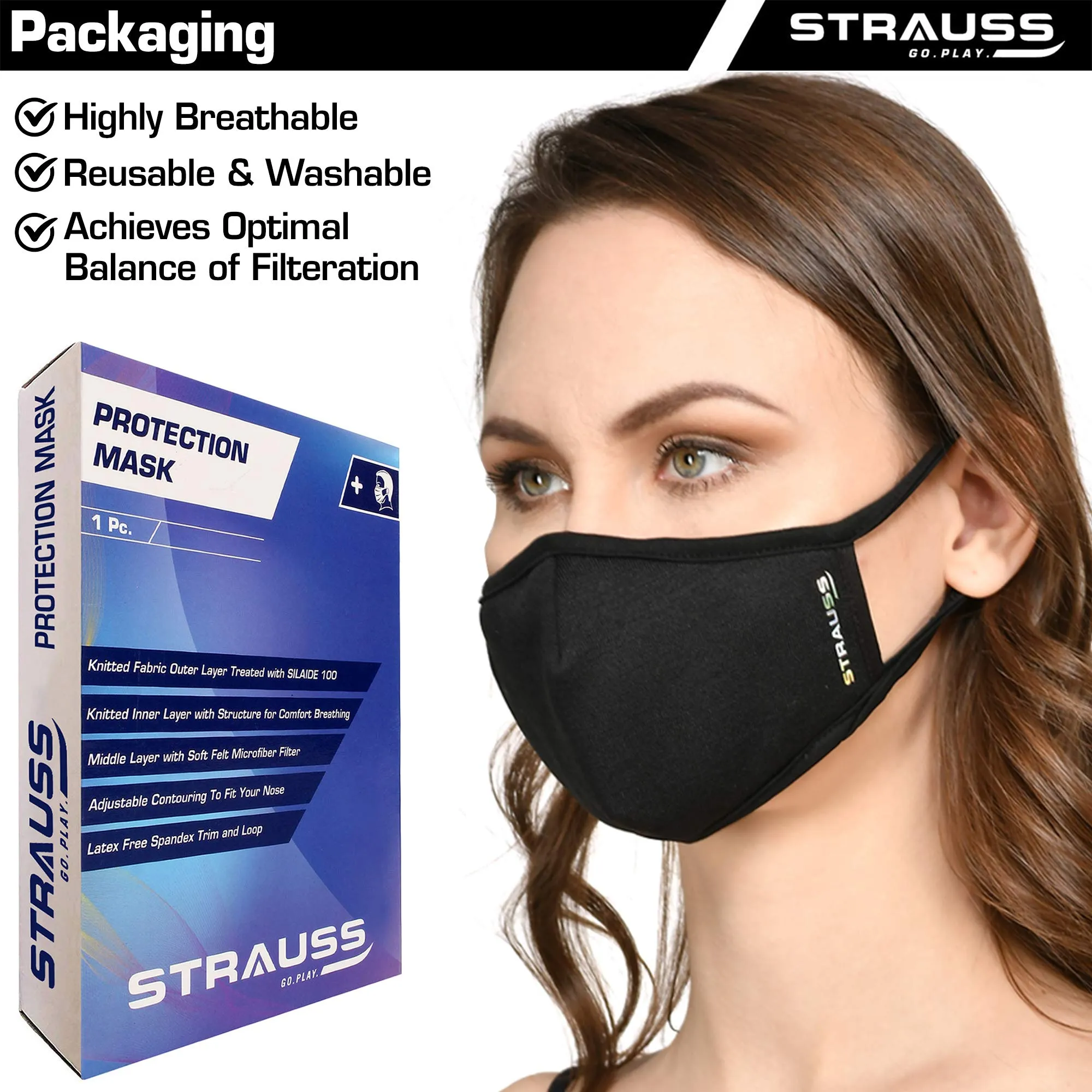 STRAUSS Black 3D Sponge Seat Cover with Non Vent Face Protection Black Mask (Medium)