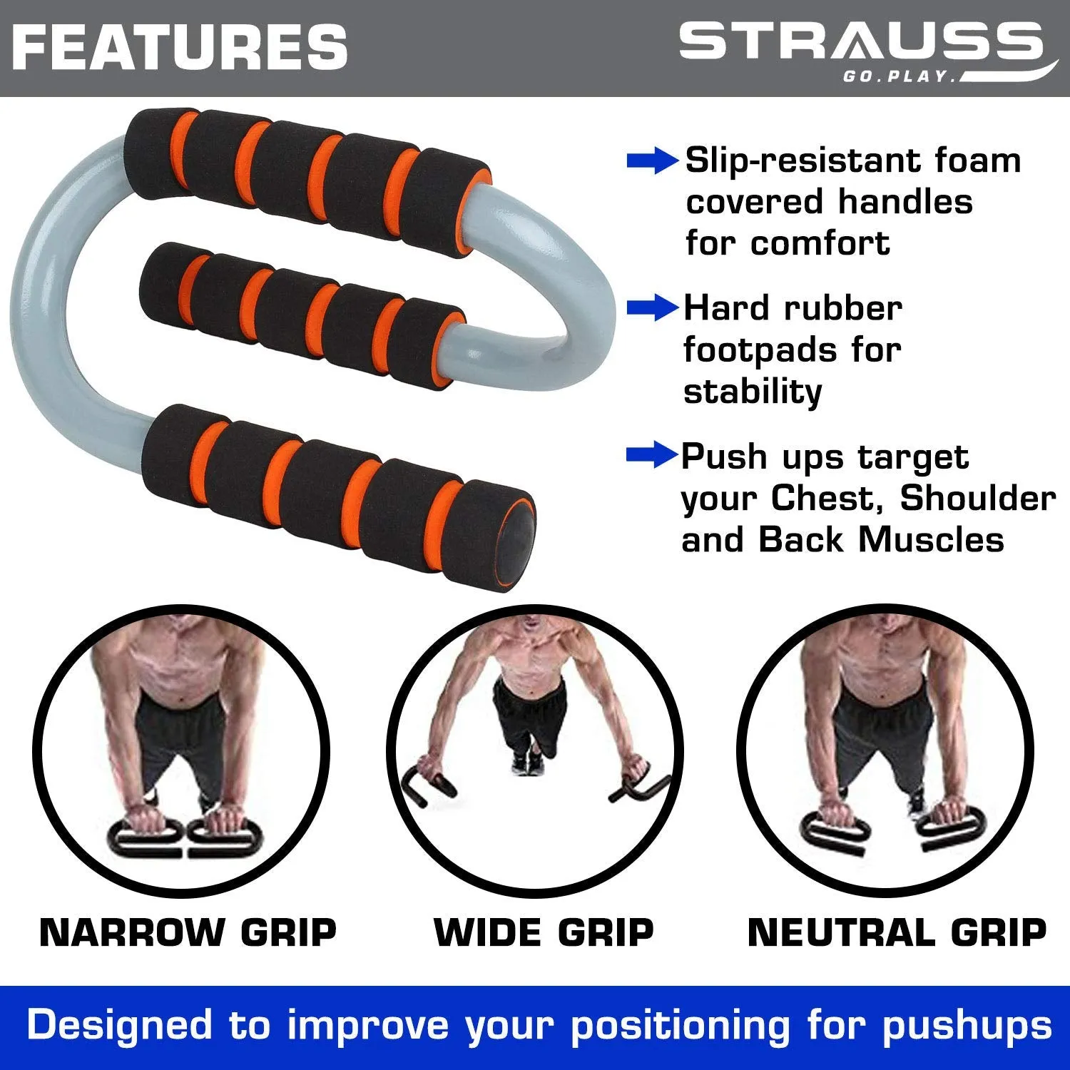 Strauss Chest Expander with 5 Springs, S Shape Push Up Bar, Pair (Black/Orange)