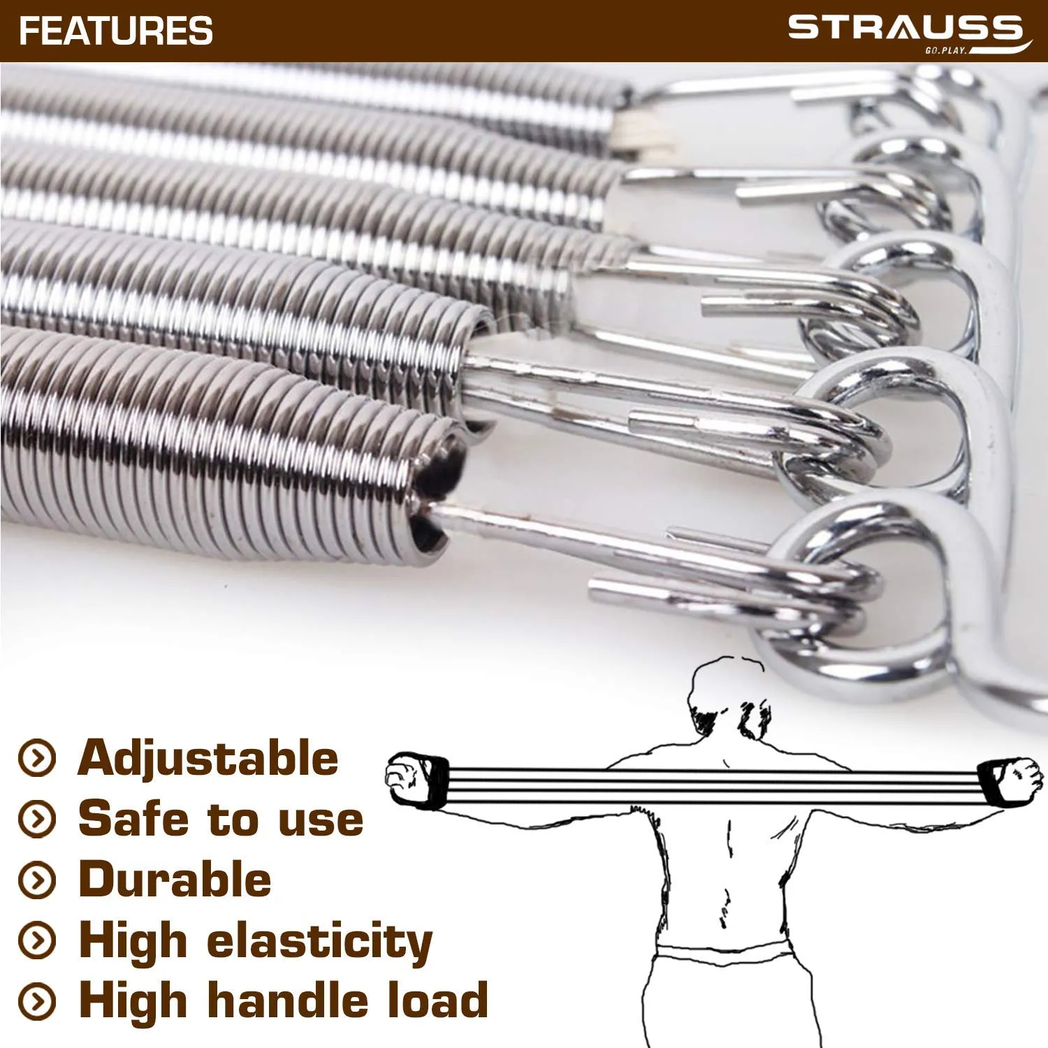 Strauss Chest Expander with 5 Springs, S Shape Push Up Bar, Pair (Black/Orange)