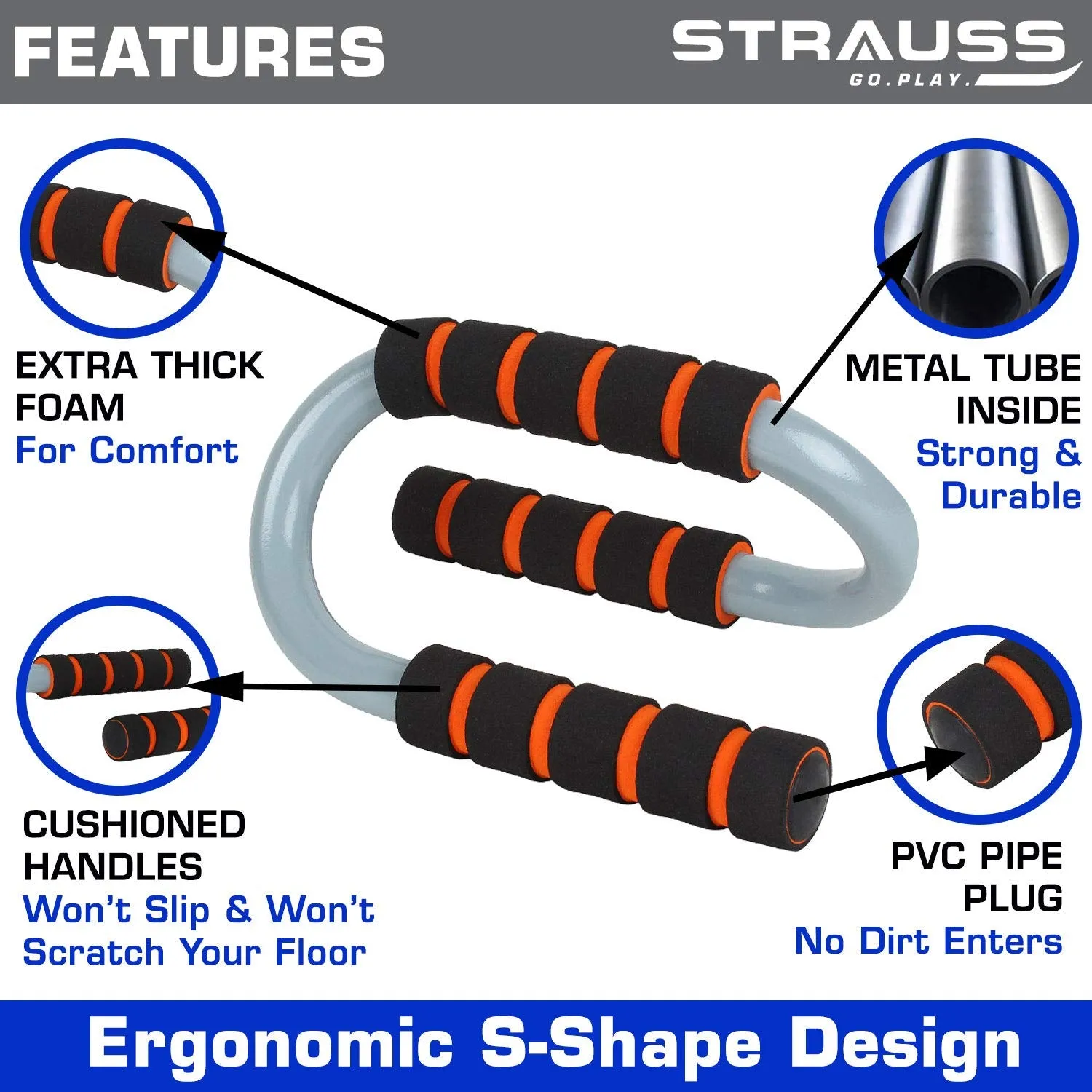 Strauss Chest Expander with 5 Springs, S Shape Push Up Bar, Pair (Black/Orange)