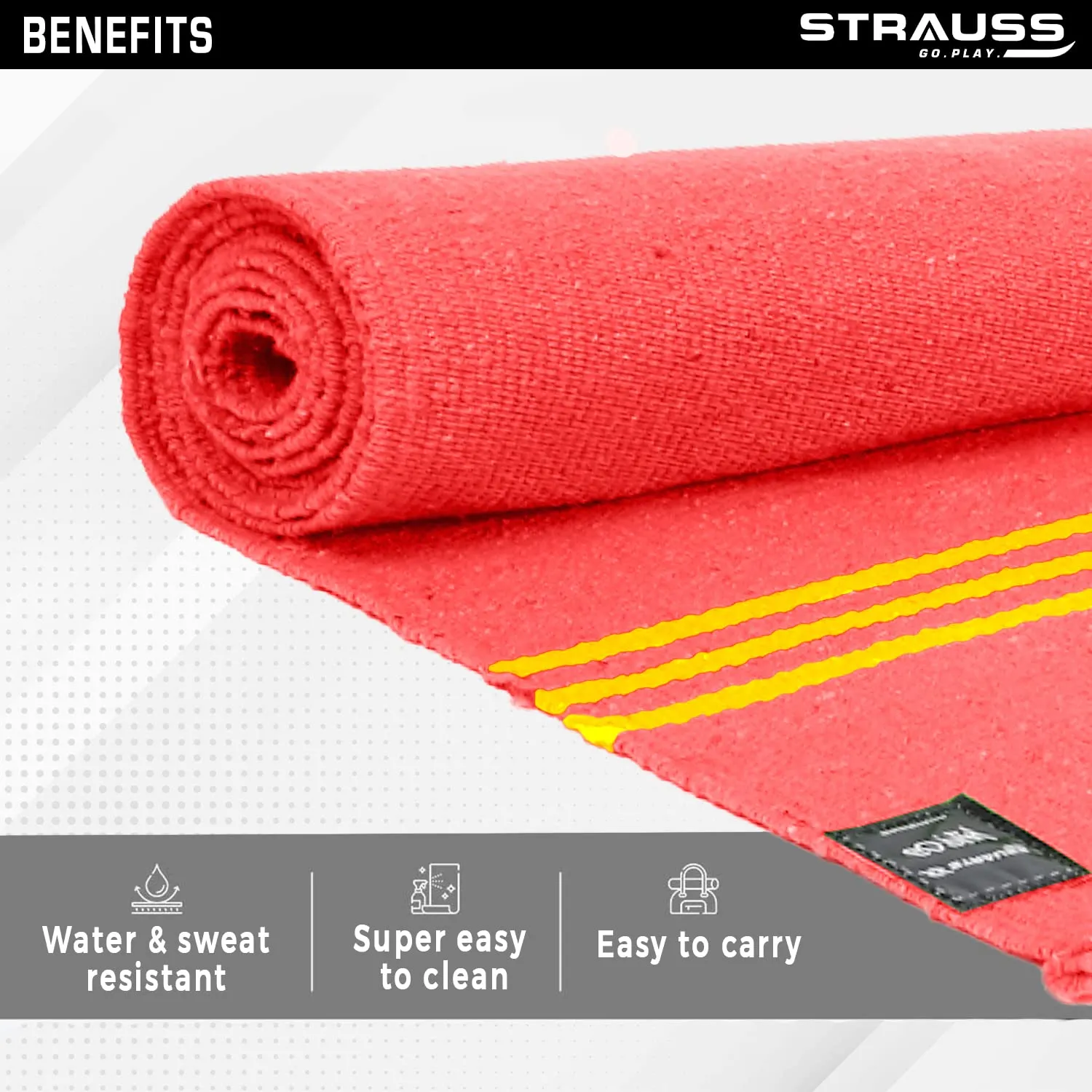 STRAUSS: Cotton Yoga Mat For Women and Men | Exercise mat for home workout, 100% Cotton, Anti Slip Fitness mat | Washable, Breathable, Sweat Absorbent & Eco-friendly material - 4mm (Red)