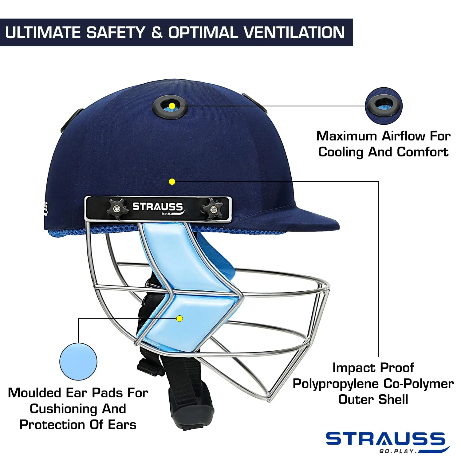 Strauss Cricket Helmet | Steel Grill | Edition: Classic | Size: Large | Age: 15 yrs | Color: Blue | for Men, Women | Lightweight | Advance Protection | Leather Ball Cricket Helmet