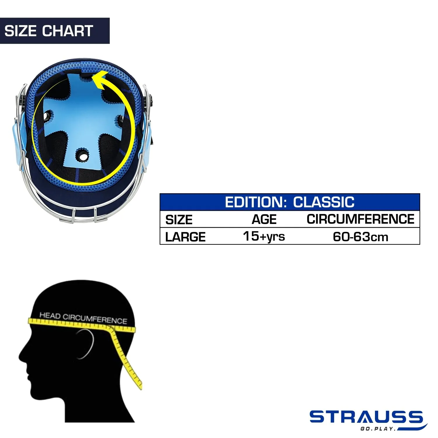 Strauss Cricket Helmet | Steel Grill | Edition: Classic | Size: Large | Age: 15 yrs | Color: Blue | for Men, Women | Lightweight | Advance Protection | Leather Ball Cricket Helmet