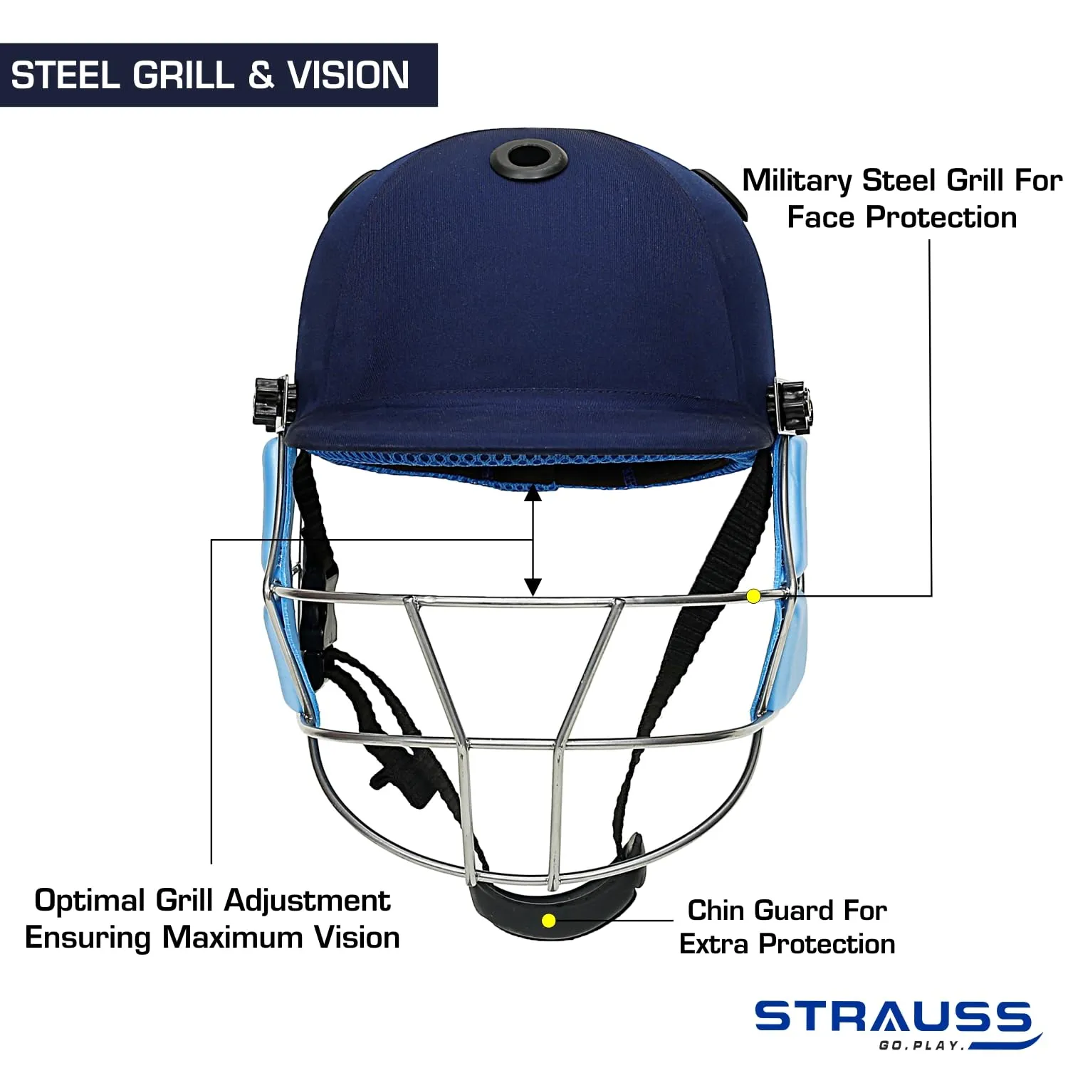 Strauss Cricket Helmet | Steel Grill | Edition: Classic | Size: Large | Age: 15 yrs | Color: Blue | for Men, Women | Lightweight | Advance Protection | Leather Ball Cricket Helmet