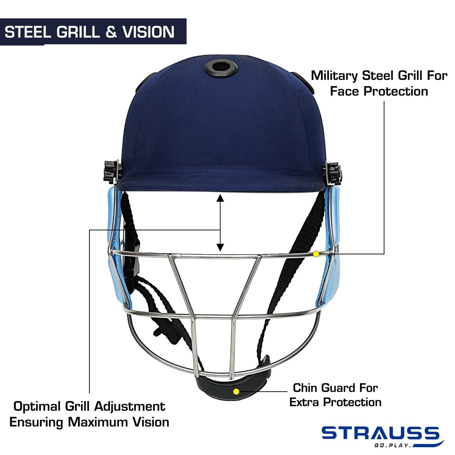 Strauss Cricket Helmet | Steel Grill | Edition: Club | Size: Large | Age: 15 yrs | Color: Blue | for Men, Women | Lightweight | Advance Protection | Leather Ball Cricket Helmet