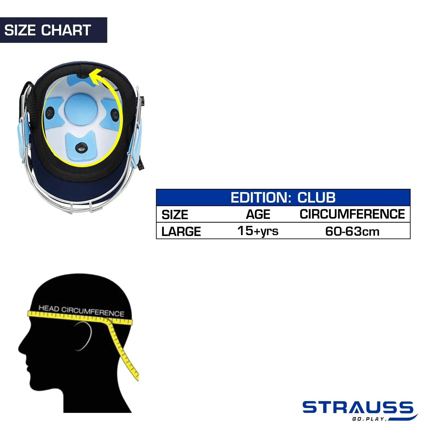 Strauss Cricket Helmet | Steel Grill | Edition: Club | Size: Large | Age: 15 yrs | Color: Blue | for Men, Women | Lightweight | Advance Protection | Leather Ball Cricket Helmet