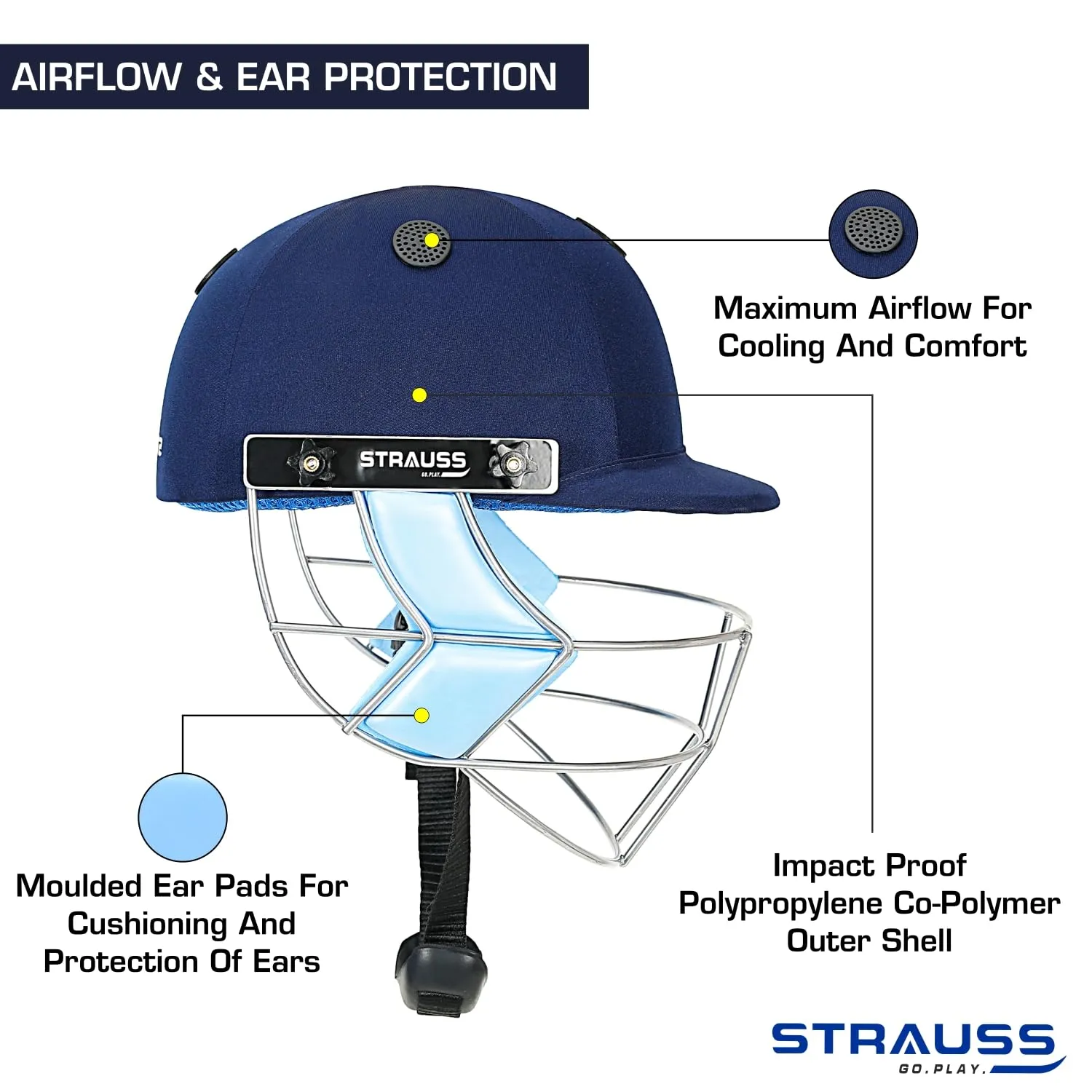 Strauss Cricket Helmet | Steel Grill | Edition: Supreme | Size: Large | Age: 15 yrs | Color: Blue | for Men, Women | Lightweight | Advance Protection | Leather Ball Cricket Helmet