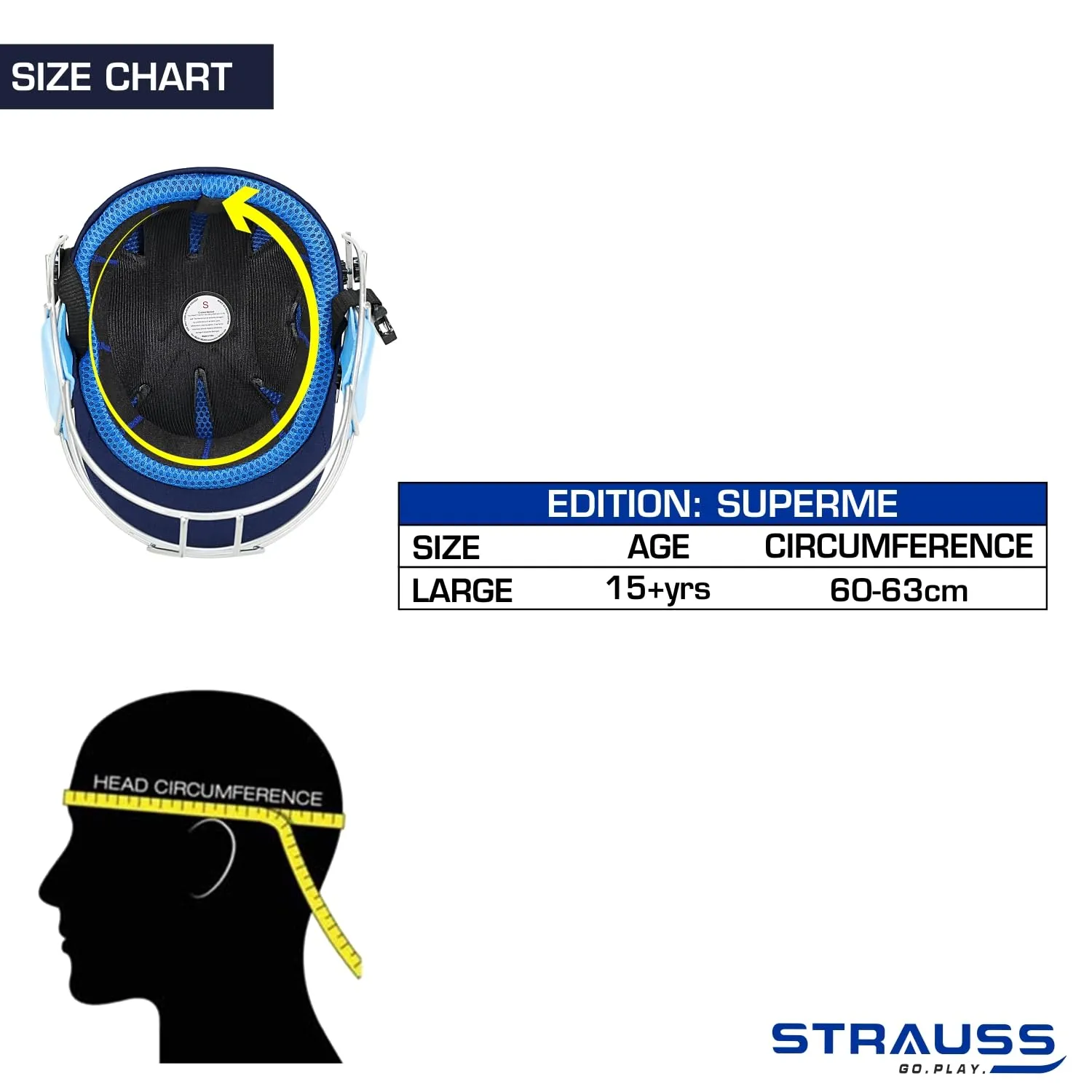 Strauss Cricket Helmet | Steel Grill | Edition: Supreme | Size: Large | Age: 15 yrs | Color: Blue | for Men, Women | Lightweight | Advance Protection | Leather Ball Cricket Helmet