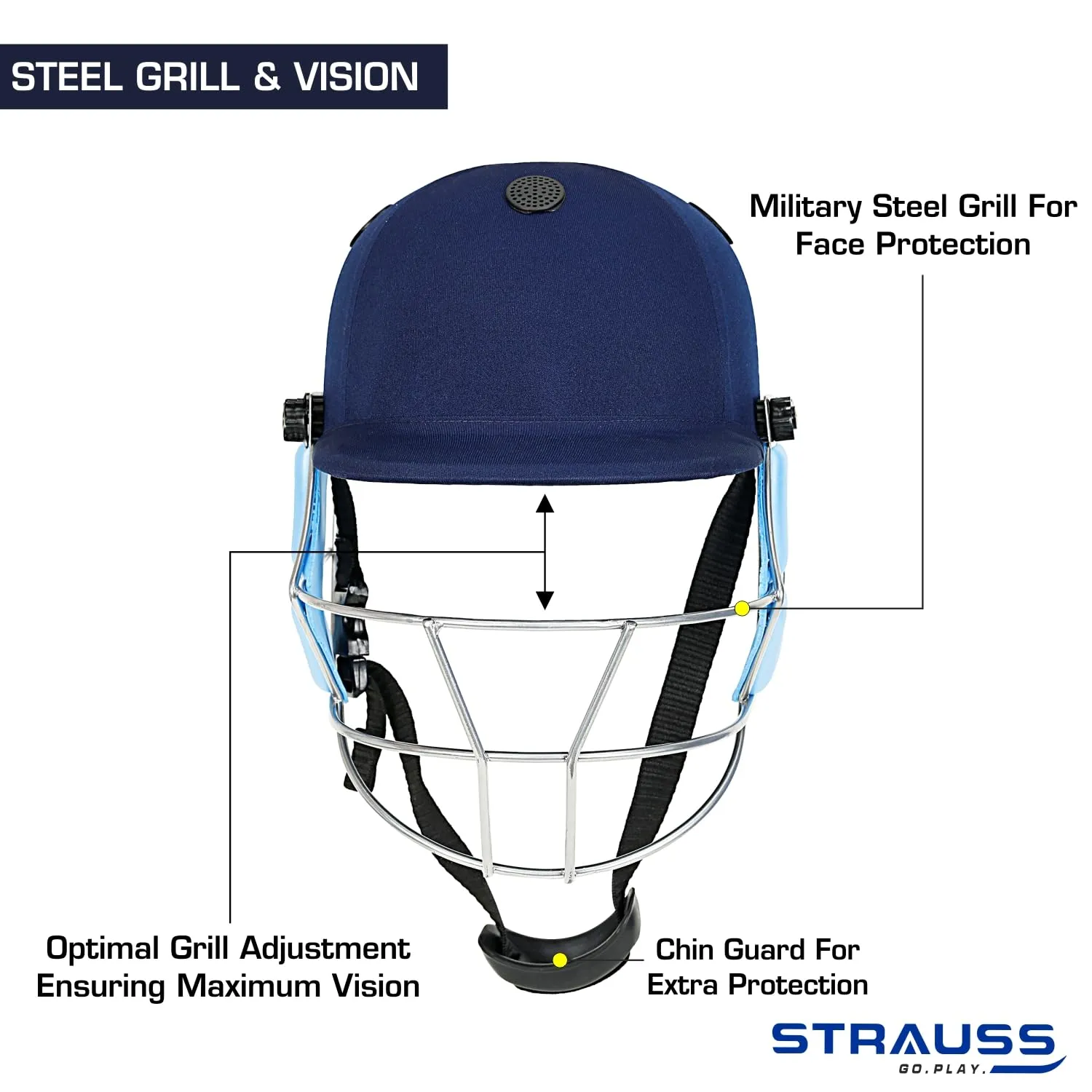 Strauss Cricket Helmet | Steel Grill | Edition: Supreme | Size: Large | Age: 15 yrs | Color: Blue | for Men, Women | Lightweight | Advance Protection | Leather Ball Cricket Helmet