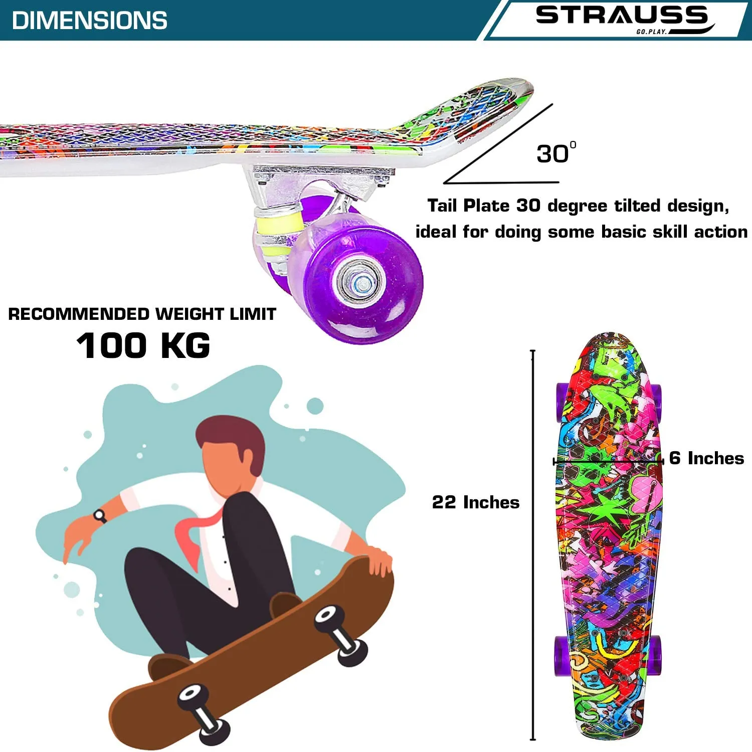 STRAUSS Cruiser PW Skateboard| Penny Skateboard | Casterboard | Hoverboard | Anti-Skid Board with ABEC-7 High Precision Bearings | PU Wheel with Light | Ideal for 8 Years and above | 22 X 6 Inch