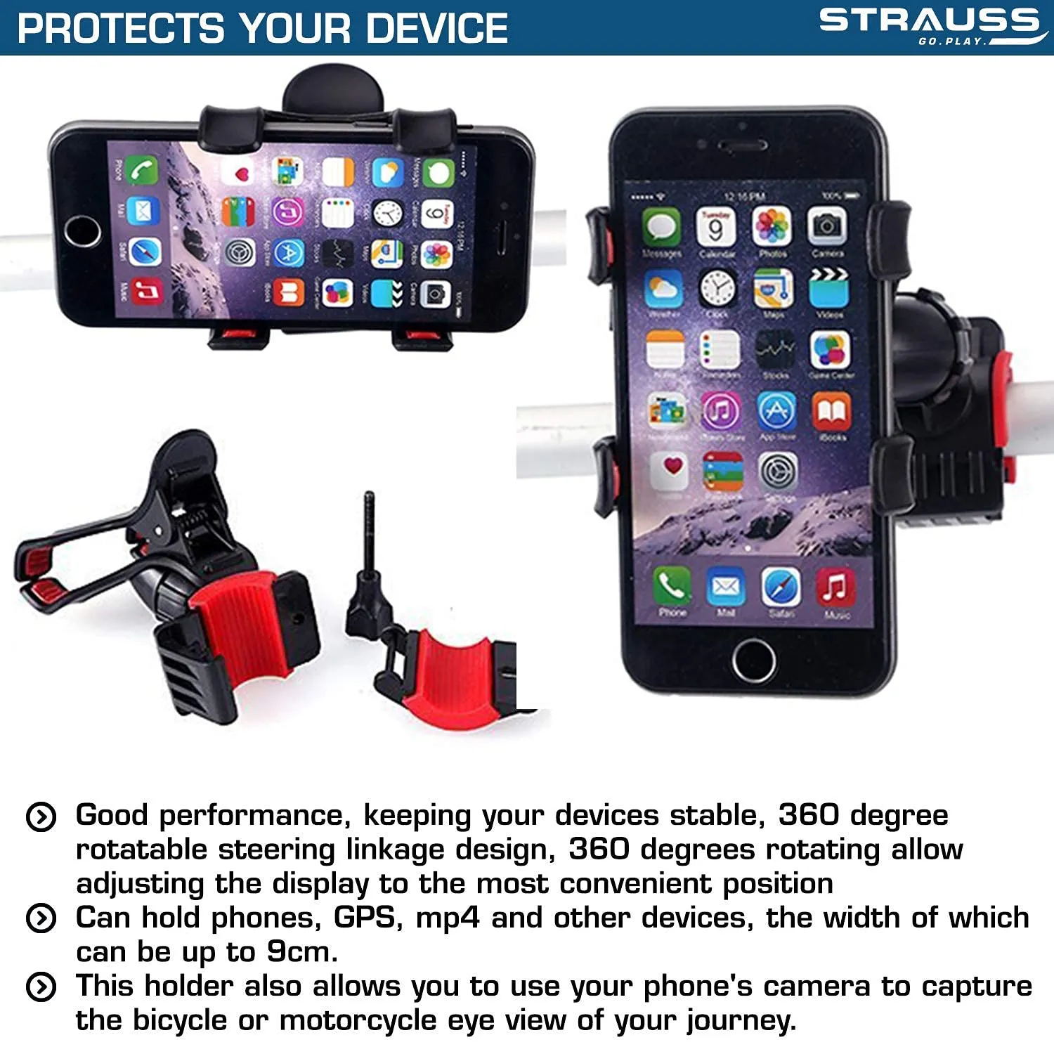 Strauss Cycle Mobile Phone Holder with Mount Bracket (Black) and Mobile Holder (Black)