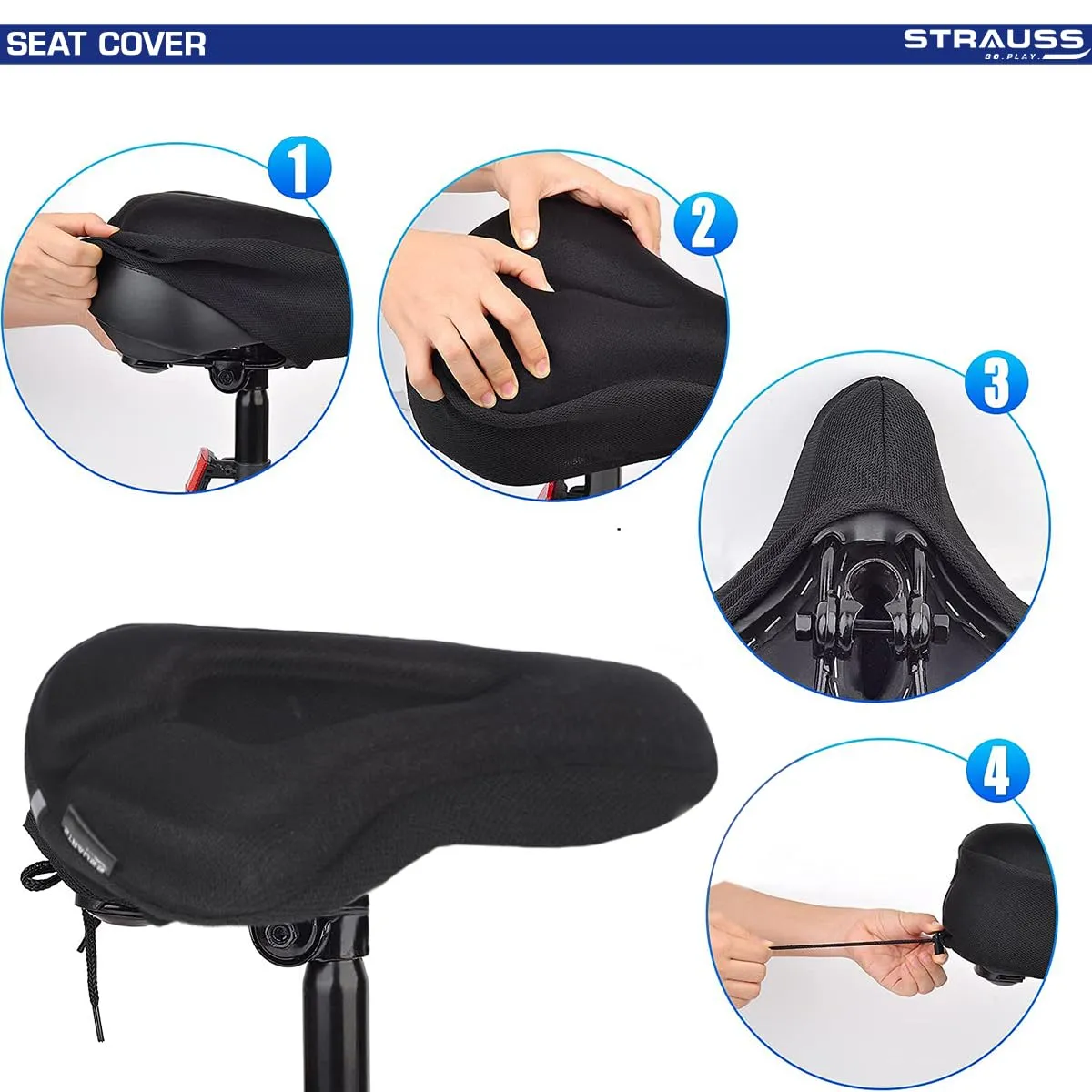 Strauss Cycle Seat Cover | Gel Bicycle Silicone Cycle Seat Cushion Cover | Gel Saddle Seat | Soft and Washable | Fits Narrow/Slim Seats, (Black)