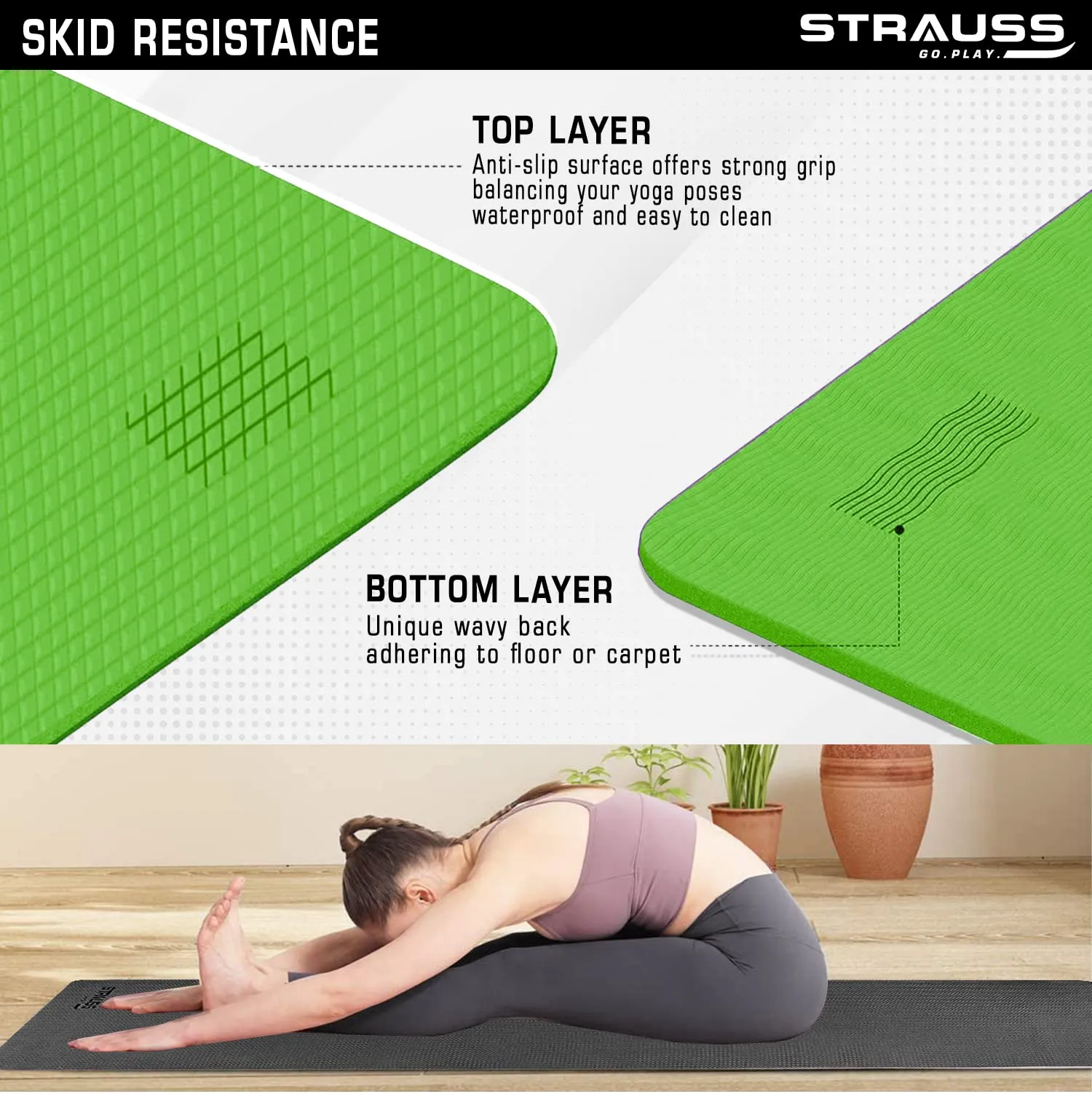 STRAUSS EVA Yoga Mat with Carry Bag | Non-Slip Exercise Mat for Home & Gym | Eco-Friendly, Lightweight & Durable Workout Mat | Ideal for Yoga, Pilates, Fitness | Ideal for Men & Women,6mm,(Green)