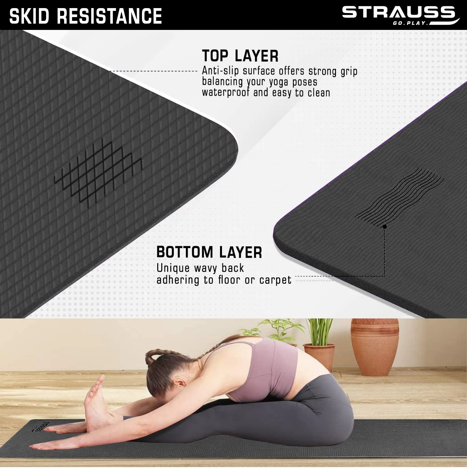 STRAUSS EVA Yoga Mat with Carry Strap | Non-Slip Exercise Mat for Home | Eco-Friendly, Lightweight & Durable Workout Mat | Ideal for Yoga, Pilates, Fitness | Suitable for Men & Women, 8mm (Black)