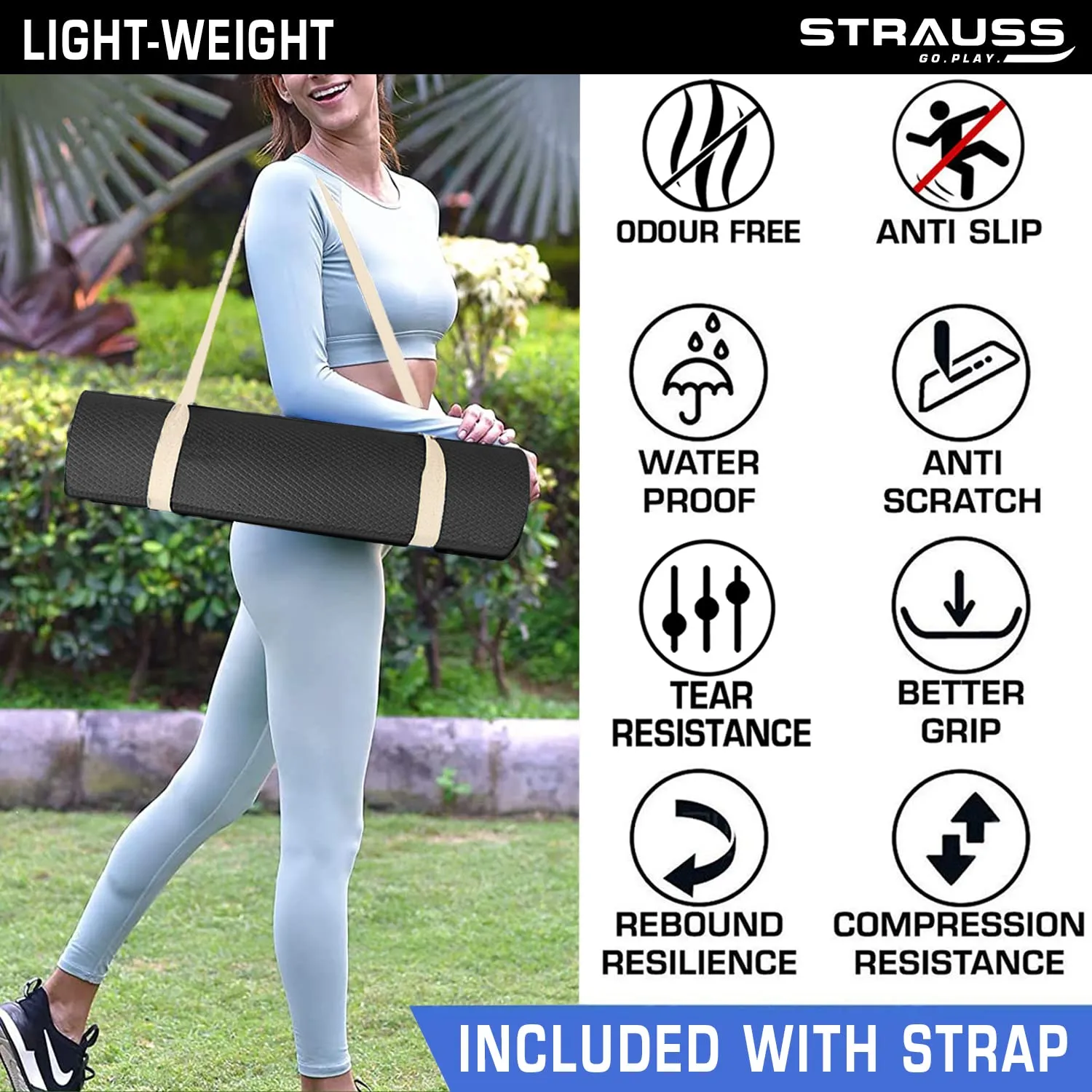 STRAUSS EVA Yoga Mat with Carry Strap | Non-Slip Exercise Mat for Home | Eco-Friendly, Lightweight & Durable Workout Mat | Ideal for Yoga, Pilates, Fitness | Suitable for Men & Women, 8mm (Black)