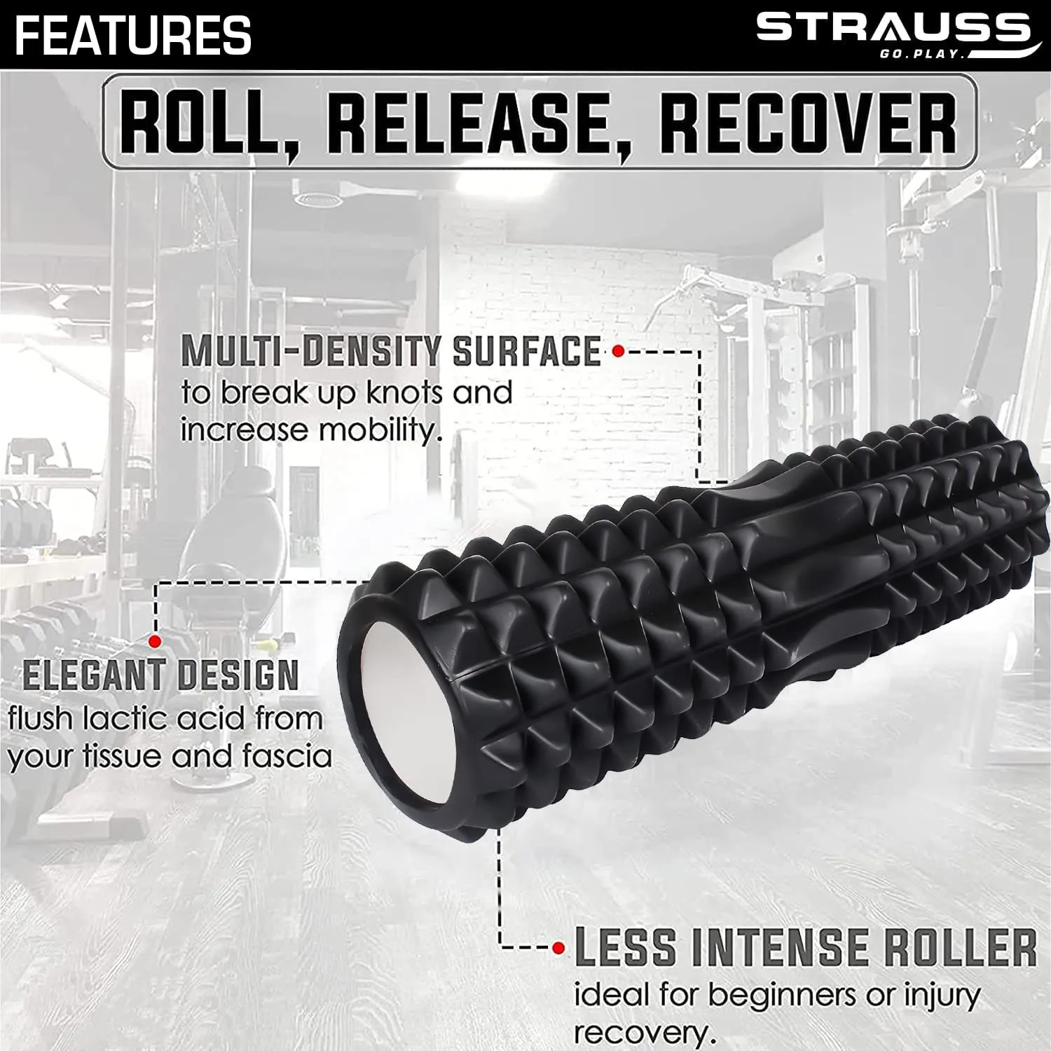 Strauss Grid Foam Roller | Foam Roller for Exercise, Fitness, Deep Tissue Massage and Physiotherapy | Light Weight & Travel-Friendly Foam Roller | Home Gym Equipment | Size: 33 cm, (Black)