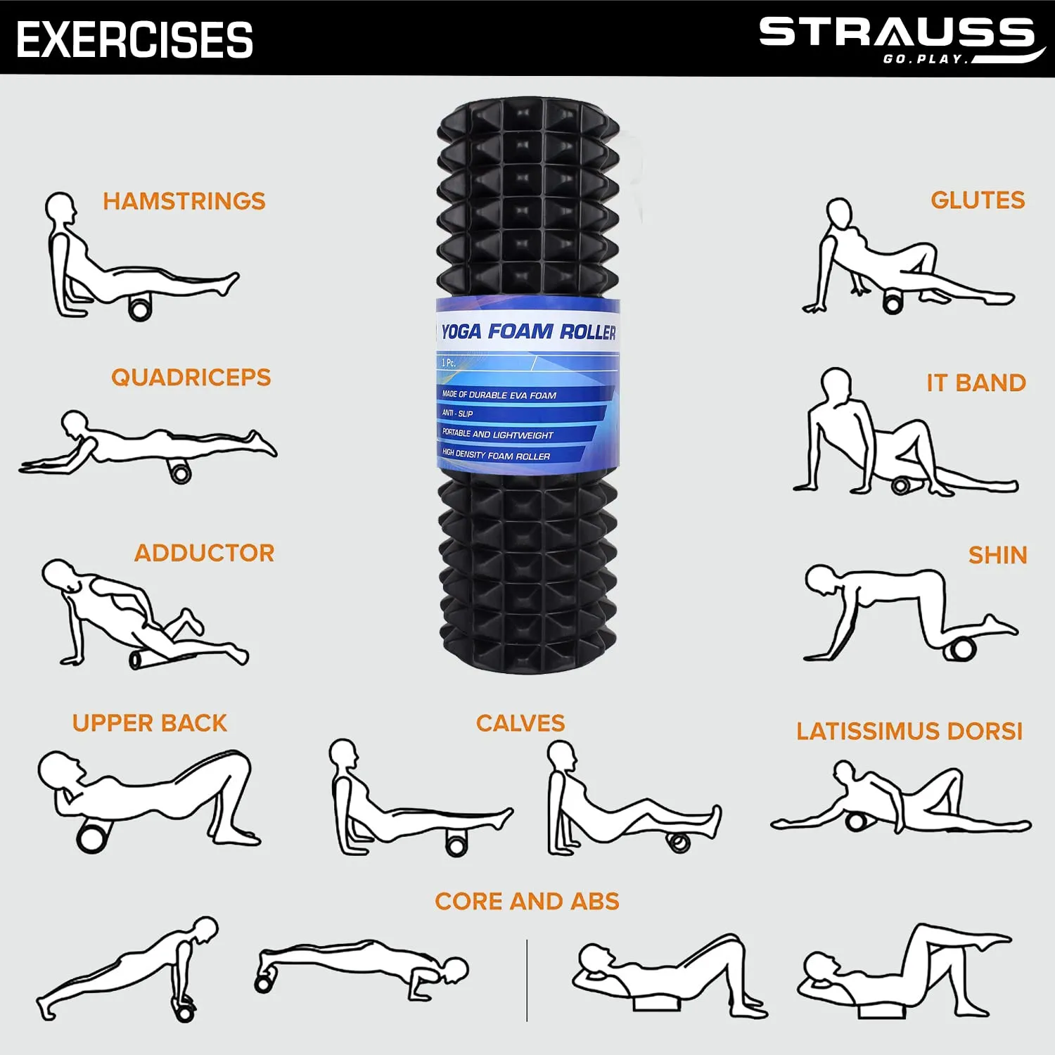 Strauss Grid Foam Roller | Foam Roller for Exercise, Fitness, Deep Tissue Massage and Physiotherapy | Light Weight & Travel-Friendly Foam Roller | Home Gym Equipment | Size: 33 cm, (Black)