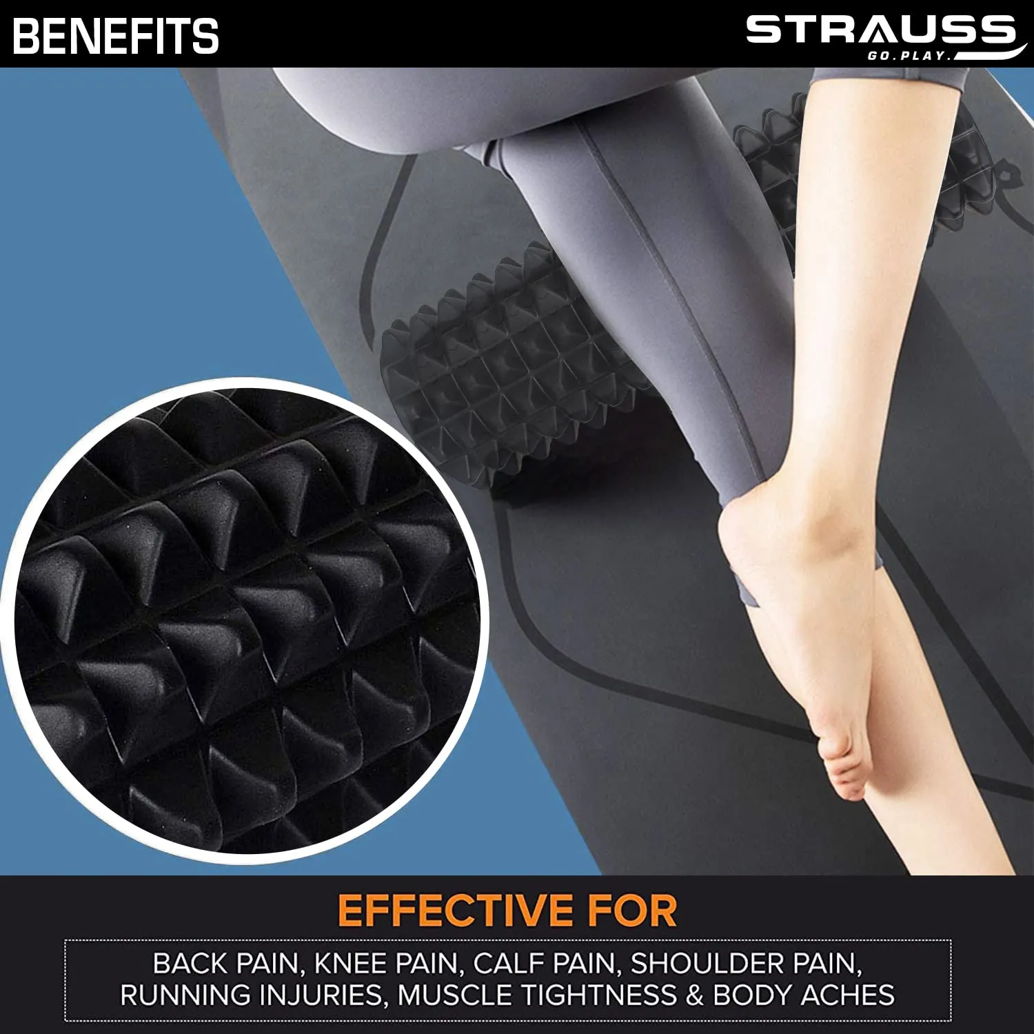 Strauss Grid Foam Roller | Foam Roller for Exercise, Fitness, Deep Tissue Massage and Physiotherapy | Light Weight & Travel-Friendly Foam Roller | Home Gym Equipment | Size: 33 cm, (Black)