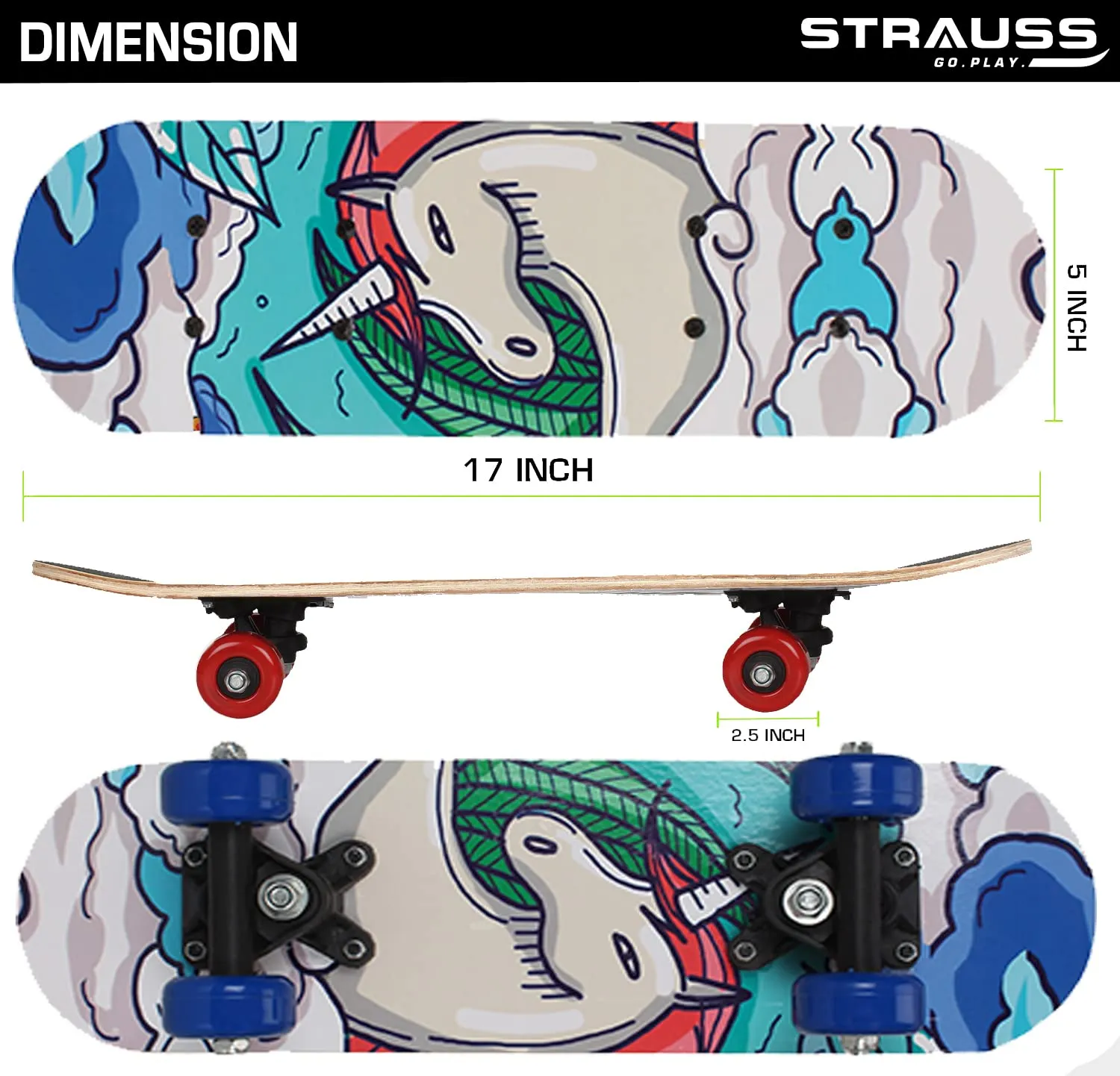 Strauss Kids Skateboard (White Horse) | 43 CM Maple Wood Skateboard for Kids Upto 5 Years | Recommended for Boys and Girls | Beginner