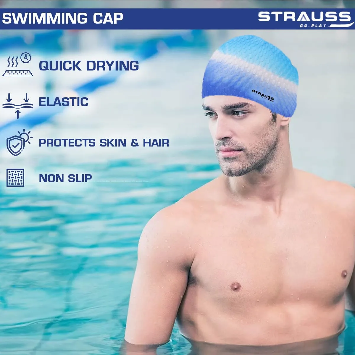 Strauss Latest Designed Swimming Cap |Keeps Hair Clean with Ear Protector|Suitable for Long and Short Hair|Swimming Head Cap with Breathable Fabric|Waterproof Swim Cap for Adult, Woman and Men,(Blue)